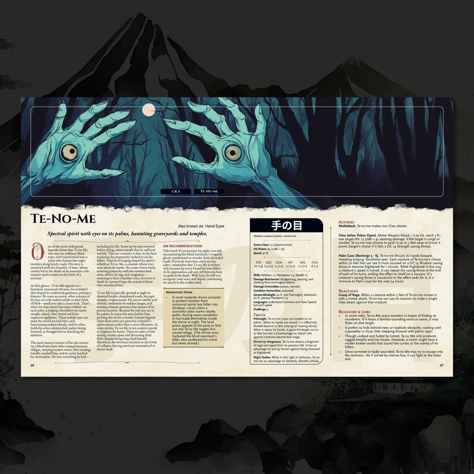 Book spread featuring Tenome, a unique dnd monster from the Yokai Bestiary dnd 5e book. The left page shares Tenome’s legend, origins, and folklore, while the right page presents a detailed dnd 5e stat block and adventure hooks. Perfect for players and collectors searching for dnd books, dnd books 5e, dnd 5e books, d&d monster lore, dnd monsters, d and d monsters, and new dungeons and dragons monsters to expand their tabletop campaigns; a4play.com
