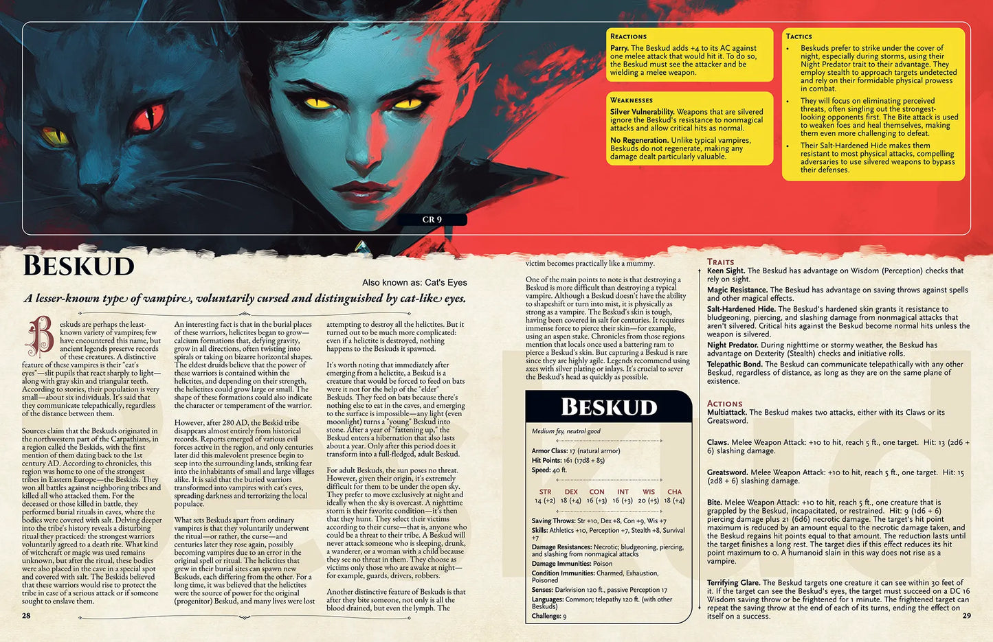 Book spread from The Witchwood Bestiary dnd book featuring the dnd monster Gavun with its legend and 5e stat block visible. Perfect for dnd 5e books, dnd books 5e, and dungeons and dragons monsters collections. This d&d monster inspired by Eastern European folklore is ideal for expanding your dnd books, providing new d and d monsters, lore, and adventure content for players and GM. a4play.com