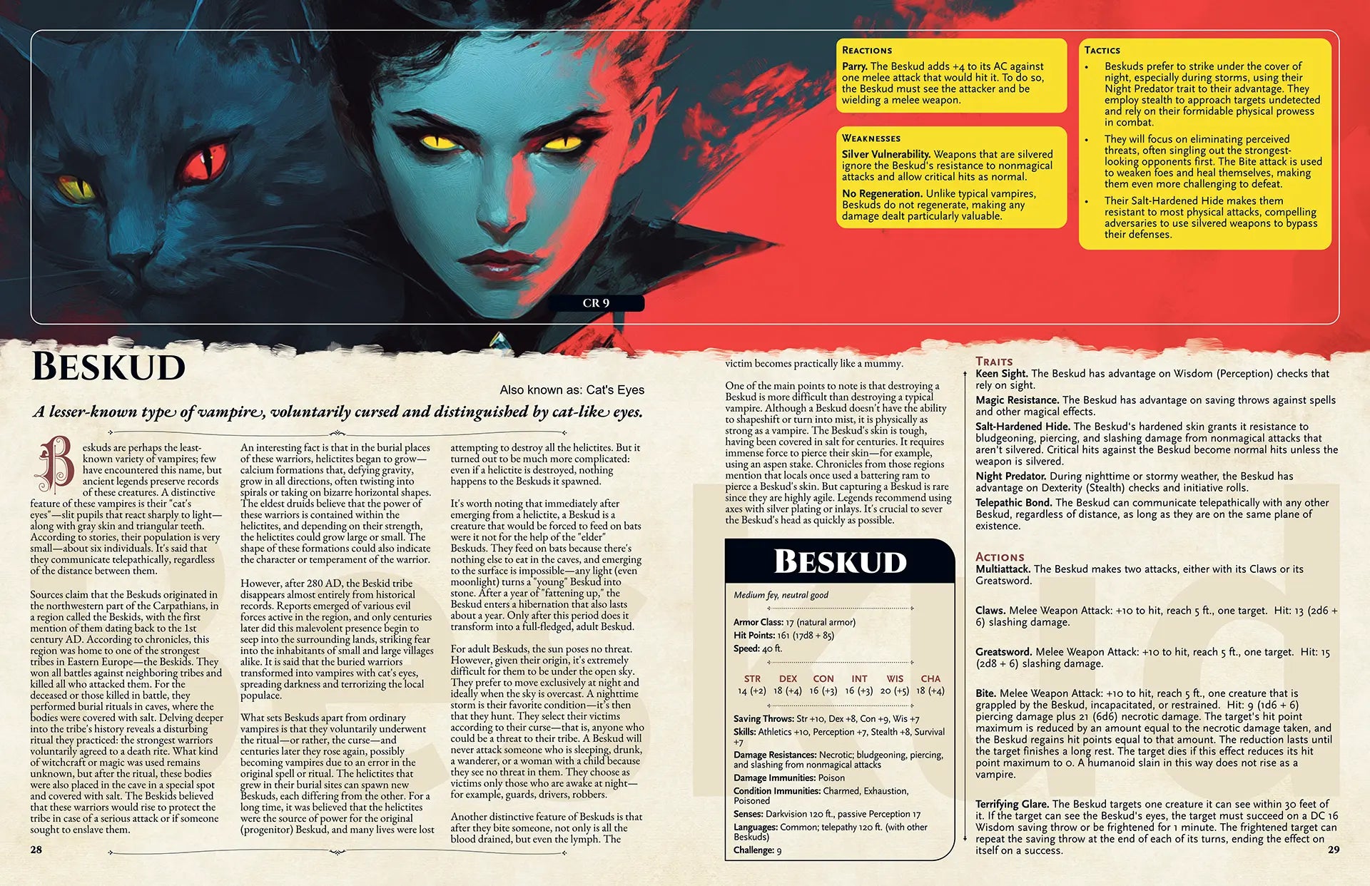 Book spread from The Witchwood Bestiary dnd book featuring the dnd monster Gavun with its legend and 5e stat block visible. Perfect for dnd 5e books, dnd books 5e, and dungeons and dragons monsters collections. This d&d monster inspired by Eastern European folklore is ideal for expanding your dnd books, providing new d and d monsters, lore, and adventure content for players and GM. a4play.com