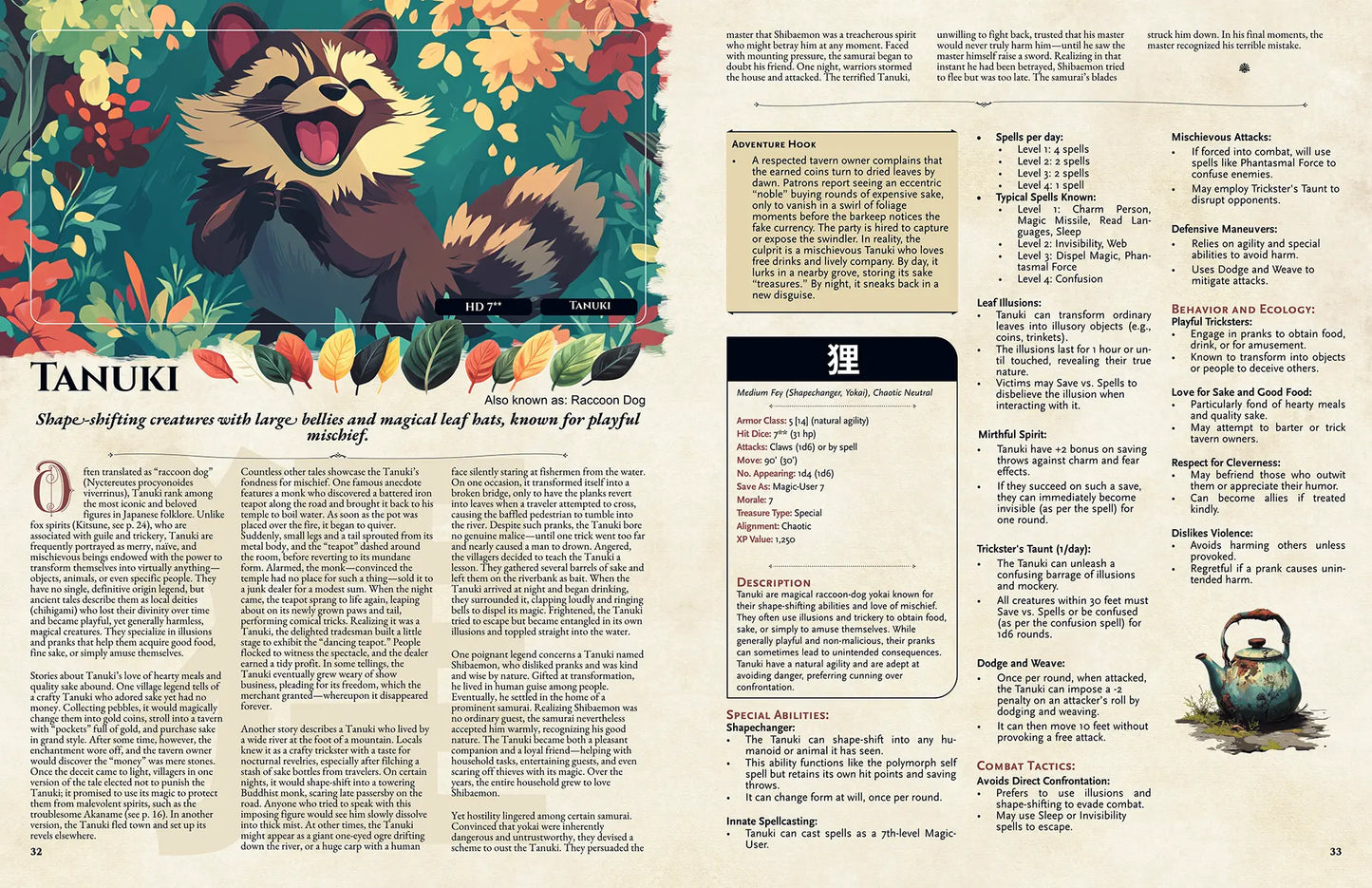 Book spread from the Yokai Bestiary dnd book featuring the dnd monster Tanuki, complete with a folklore legend and 5e stat block. This supplement is perfect for fans of dnd books, dnd 5e books, and those looking for new dnd monsters, d and d monsters, and dungeons and dragons monsters inspired by Japanese mythology to enhance their campaigns. a4play.com