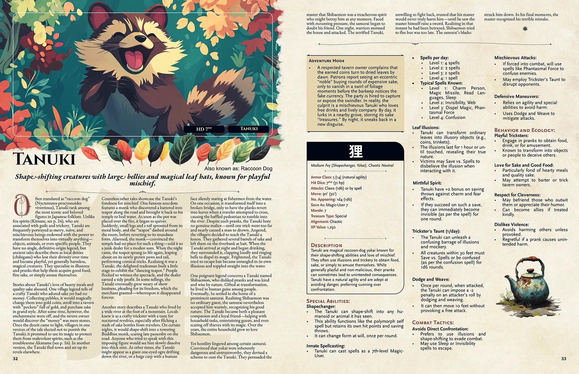 Book spread from the Yokai Bestiary dnd book featuring the dnd monster Tanuki, complete with a folklore legend and 5e stat block. This supplement is perfect for fans of dnd books, dnd 5e books, and those looking for new dnd monsters, d and d monsters, and dungeons and dragons monsters inspired by Japanese mythology to enhance their campaigns. a4play.com