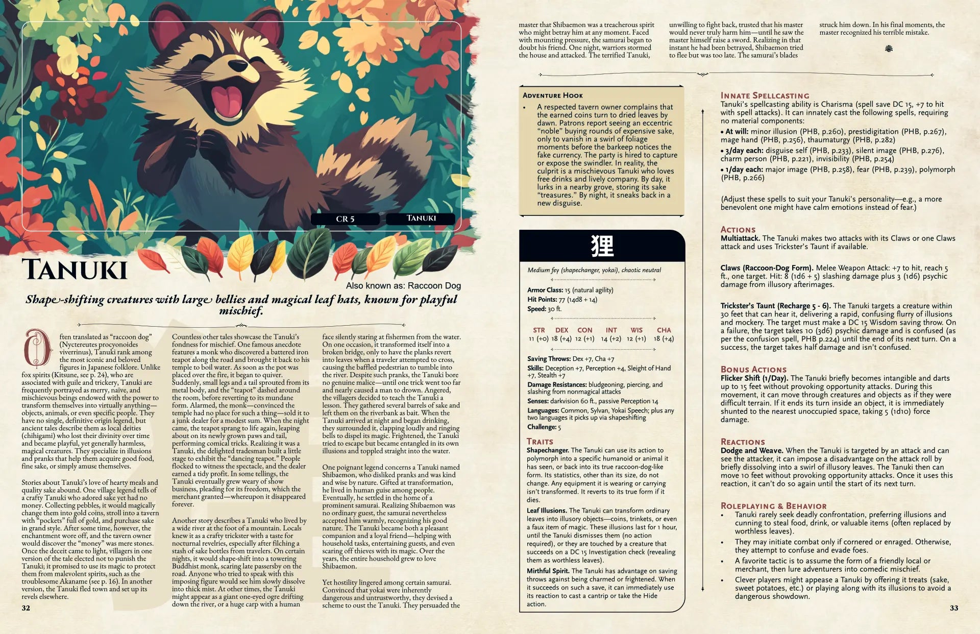 Book spread featuring Tanuki, a unique dnd monster from the Yokai Bestiary dnd 5e book. The left page presents the Tanuki legend and folklore while the right page shows the dnd 5e stat block and adventure hooks. Perfect for players and collectors searching for dnd books, dnd books 5e, dnd 5e books, d&d monster ideas, dnd monsters, d and d monsters, and new dungeons and dragons monsters inspired by Japanese mythology for enriching tabletop campaigns. a4play.com
