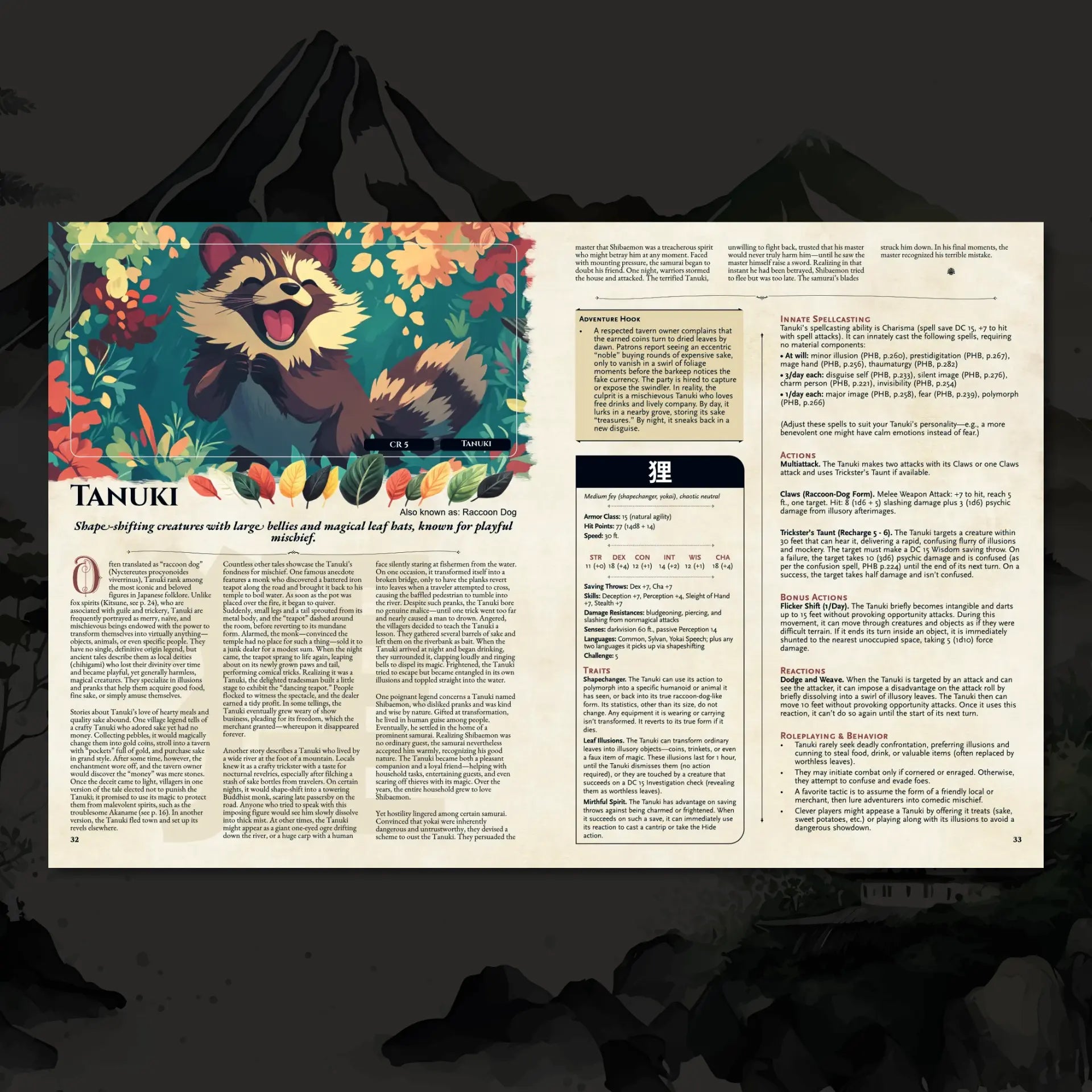 Book spread featuring Tanuki, a unique dnd monster from the Yokai Bestiary dnd 5e book. The left page presents the Tanuki legend and folklore while the right page shows the dnd 5e stat block and adventure hooks. Perfect for players and collectors searching for dnd books, dnd books 5e, dnd 5e books, d&d monster ideas, dnd monsters, d and d monsters, and new dungeons and dragons monsters inspired by Japanese mythology for enriching tabletop campaigns. a4play.com