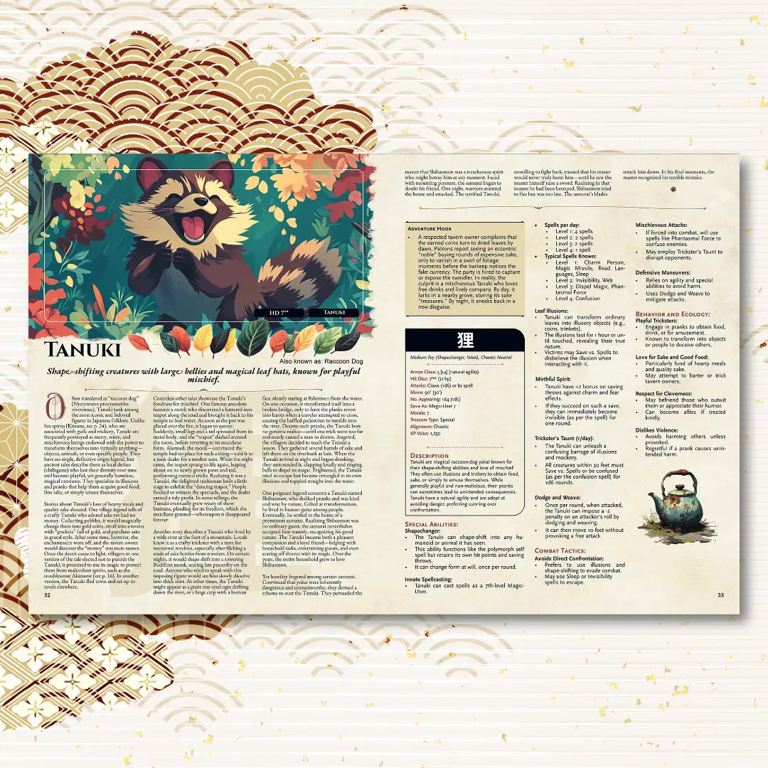 Book spread from the Yokai Bestiary dnd book featuring the dnd monster Tanuki, complete with a folklore legend and 5e stat block. This supplement is perfect for fans of dnd books, dnd 5e books, and those looking for new dnd monsters, d and d monsters, and dungeons and dragons monsters inspired by Japanese mythology to enhance their campaigns. a4play.com