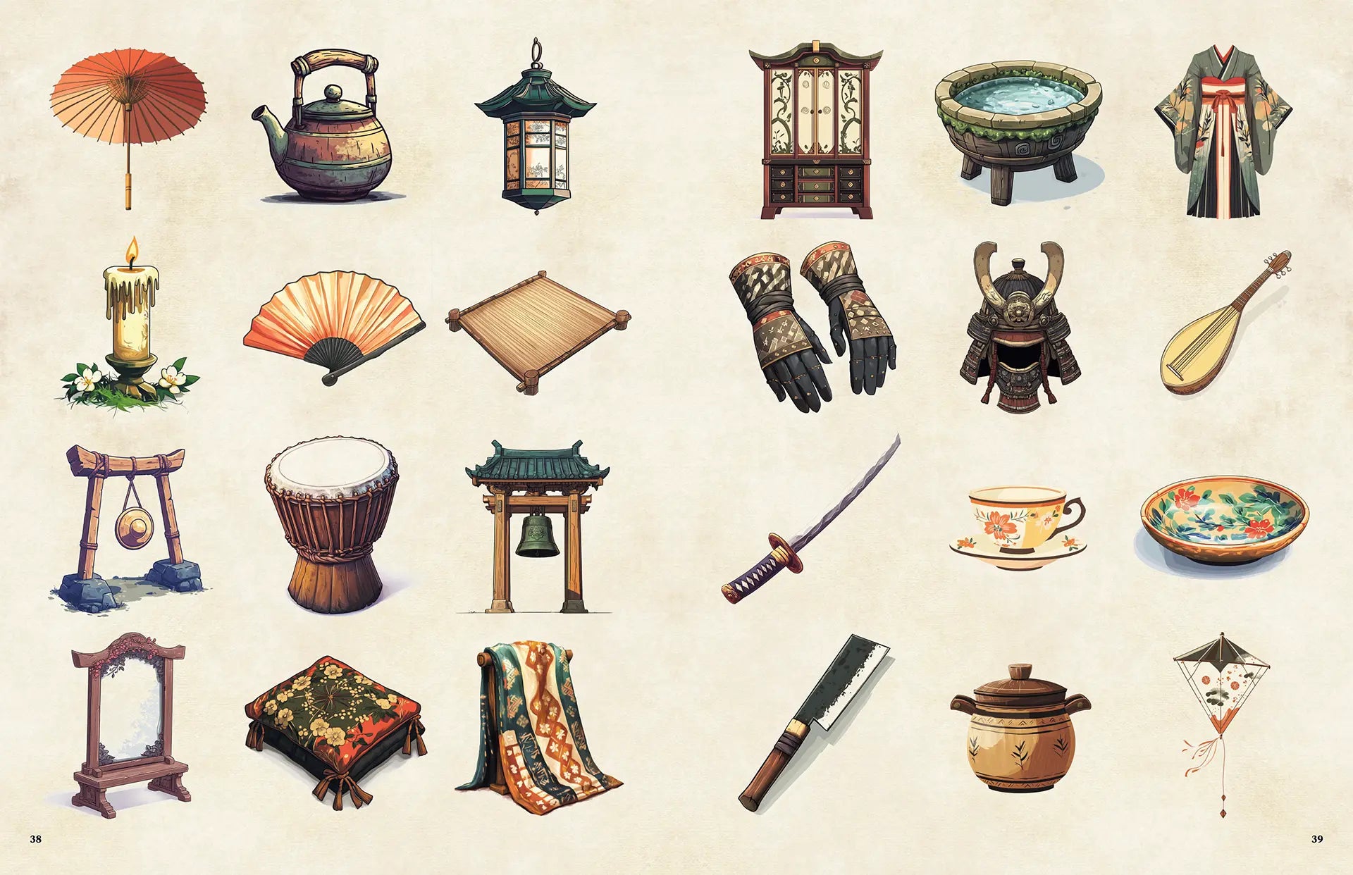 Book spread from the Yokai Bestiary dnd book featuring mystical Japanese items, ideal for dnd books, dnd 5e books, and those seeking unique dnd monsters and magical artifacts. This dnd 5e books supplement offers new d and d monsters, adventure hooks, and original lore inspired by Japanese folklore for players and storytellers expanding their dungeons and dragons monsters collection. a4play.com