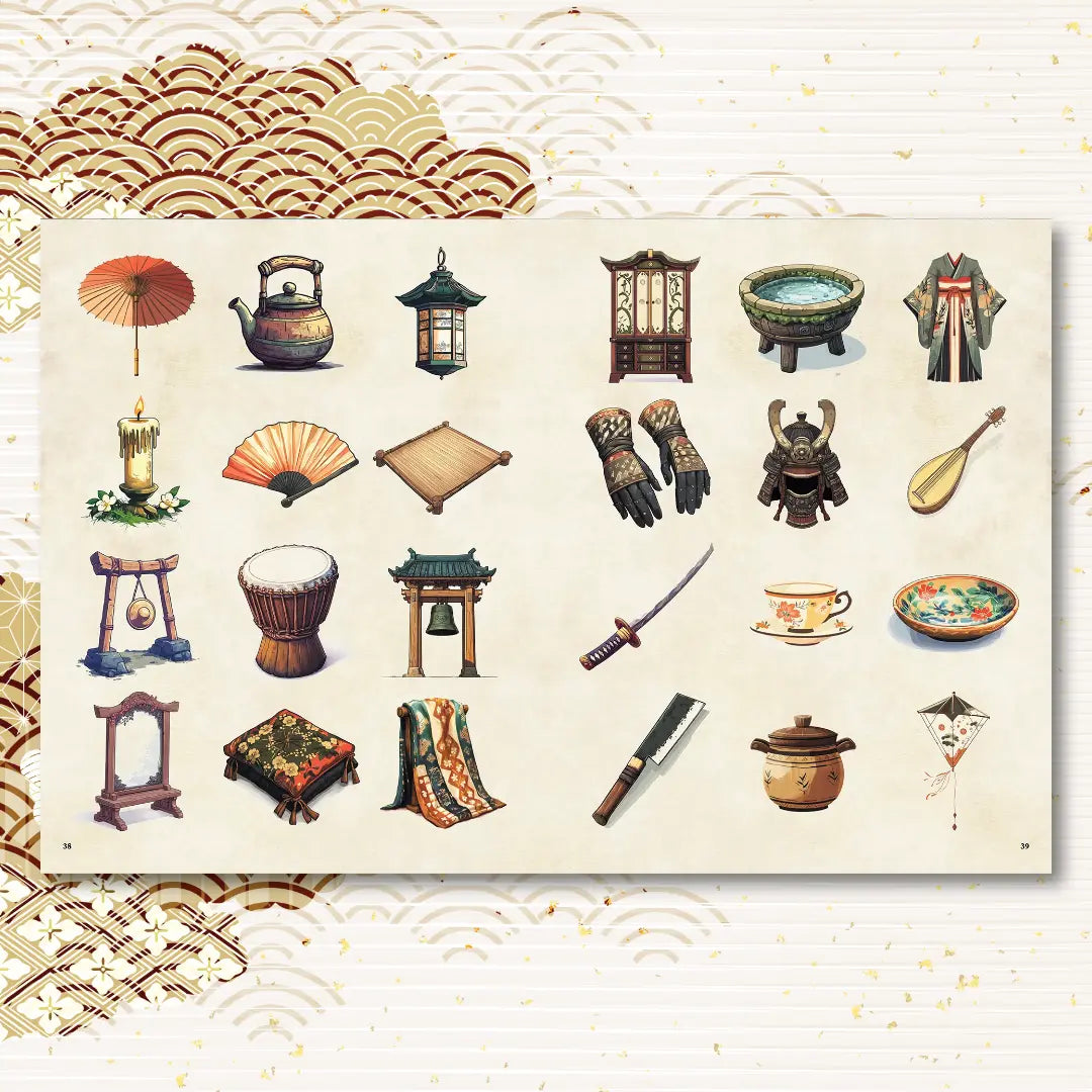 Book spread from the Yokai Bestiary dnd book featuring mystical Japanese items, ideal for dnd books, dnd 5e books, and those seeking unique dnd monsters and magical artifacts. This dnd 5e books supplement offers new d and d monsters, adventure hooks, and original lore inspired by Japanese folklore for players and storytellers expanding their dungeons and dragons monsters collection. a4play.com