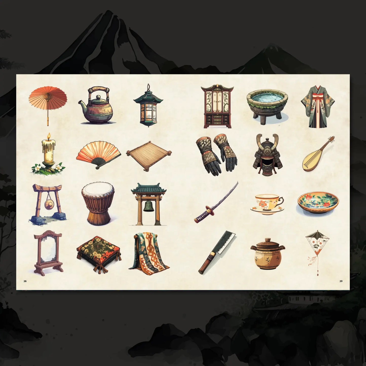 Book spread featuring a collection of mystical Japanese items and artifacts, with legends and a dnd 5e stat block from Yokai Bestiary. Perfect for fans of dnd books, dnd 5e books, dnd books 5e, dnd monsters, d&d monster lore, d and d monsters, and dungeons and dragons monsters seeking to enhance their campaigns with unique content inspired by Japanese folklore. Ideal supplement for collectors of dnd 5e books. a4play.com