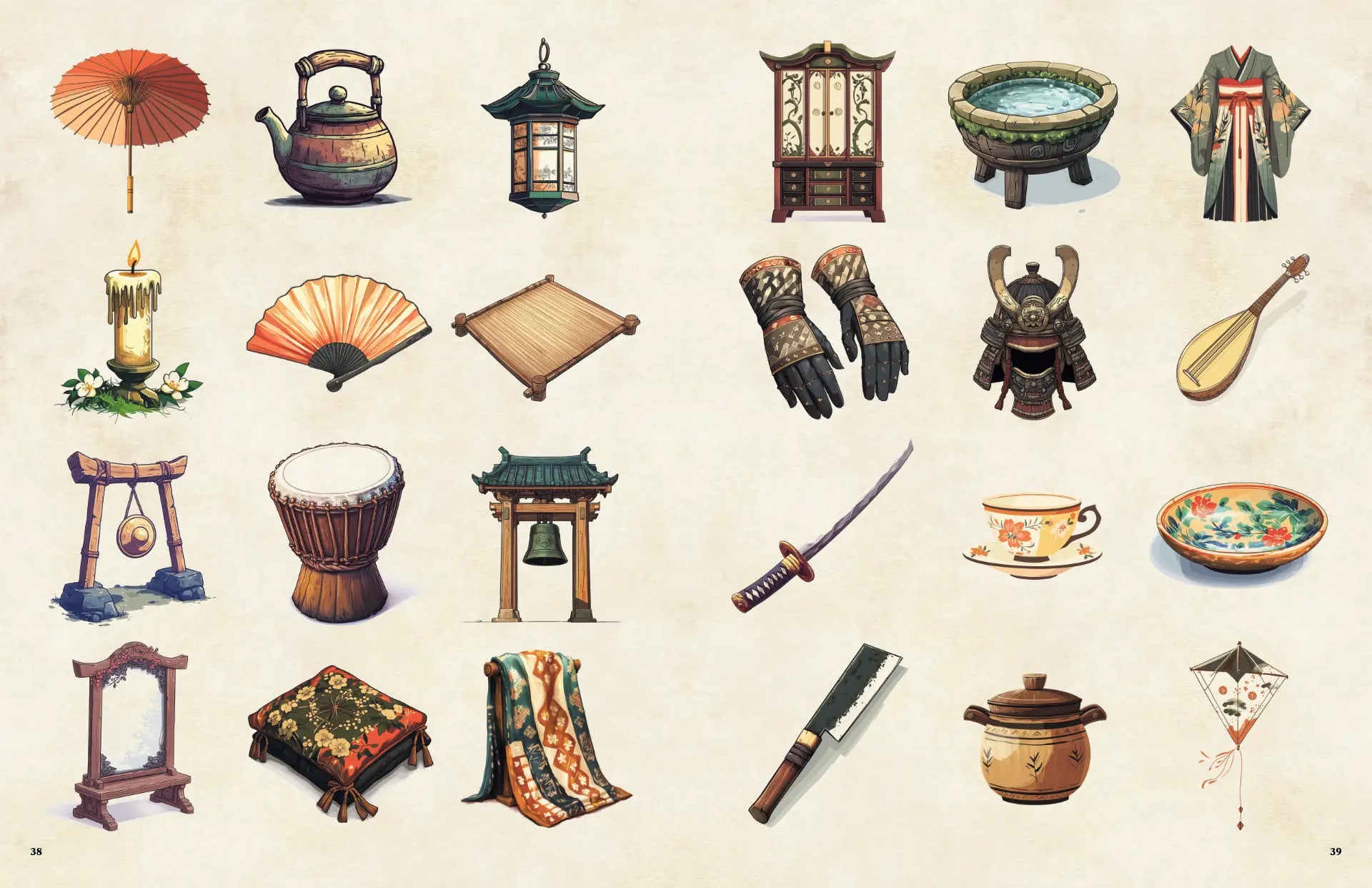 Book spread featuring a collection of mystical Japanese items and artifacts, with legends and a dnd 5e stat block from Yokai Bestiary. Perfect for fans of dnd books, dnd 5e books, dnd books 5e, dnd monsters, d&d monster lore, d and d monsters, and dungeons and dragons monsters seeking to enhance their campaigns with unique content inspired by Japanese folklore. Ideal supplement for collectors of dnd 5e books. a4play.com