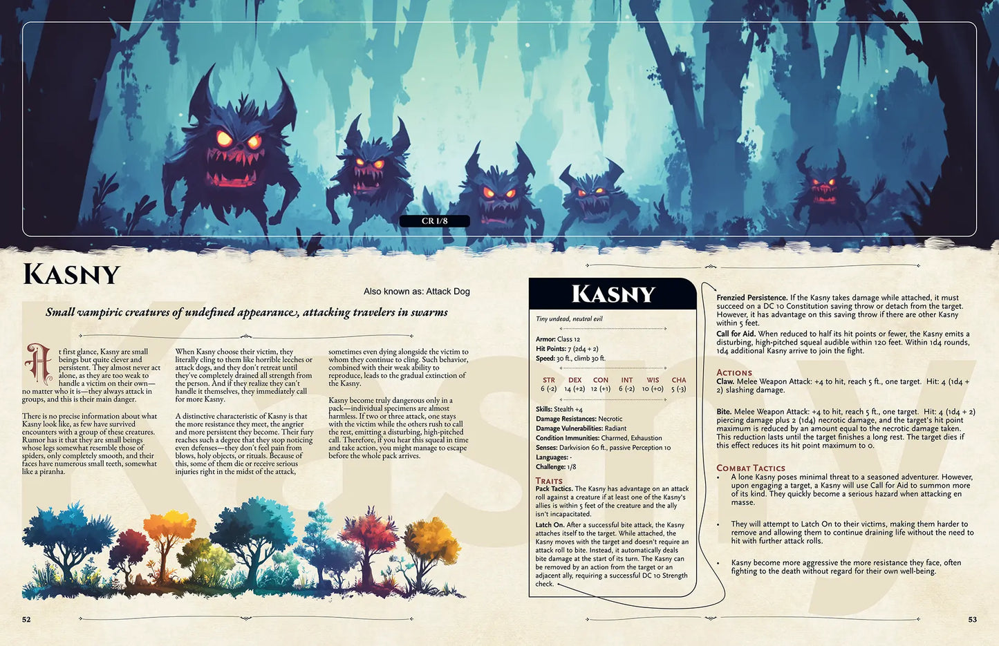 Book spread from The Witchwood Bestiary dnd book featuring the dnd monster Kasny, including a detailed legend based on Eastern European folklore and a full 5e stat block. Ideal for dnd 5e books collectors and anyone looking to expand their dnd books 5e library with unique dnd monsters and d and d monsters. Perfect for fans seeking new dungeons and dragons monsters for creative adventures. a4play.com