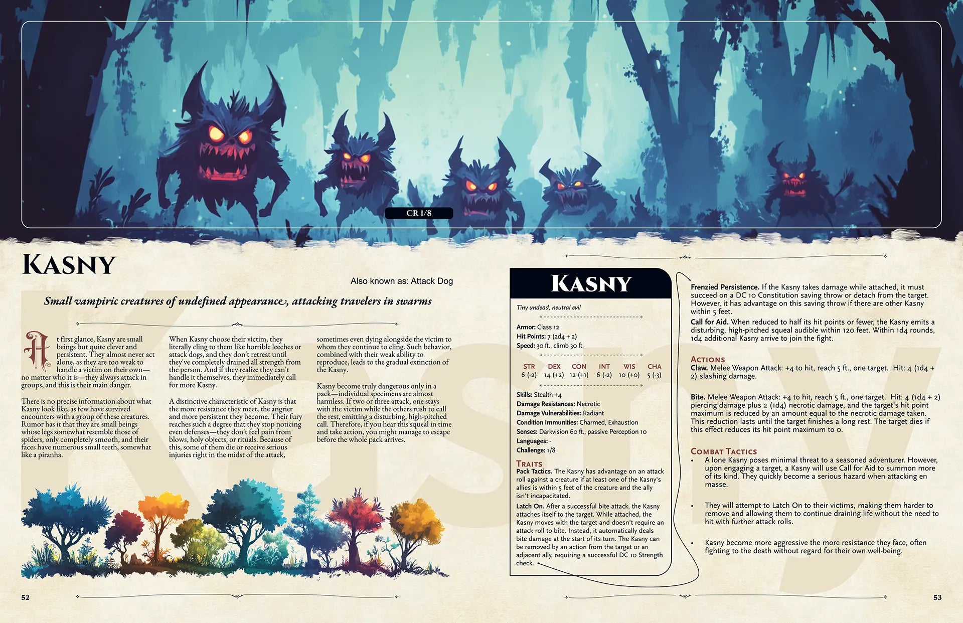 Book spread from The Witchwood Bestiary dnd book featuring the dnd monster Kasny, including a detailed legend based on Eastern European folklore and a full 5e stat block. Ideal for dnd 5e books collectors and anyone looking to expand their dnd books 5e library with unique dnd monsters and d and d monsters. Perfect for fans seeking new dungeons and dragons monsters for creative adventures. a4play.com