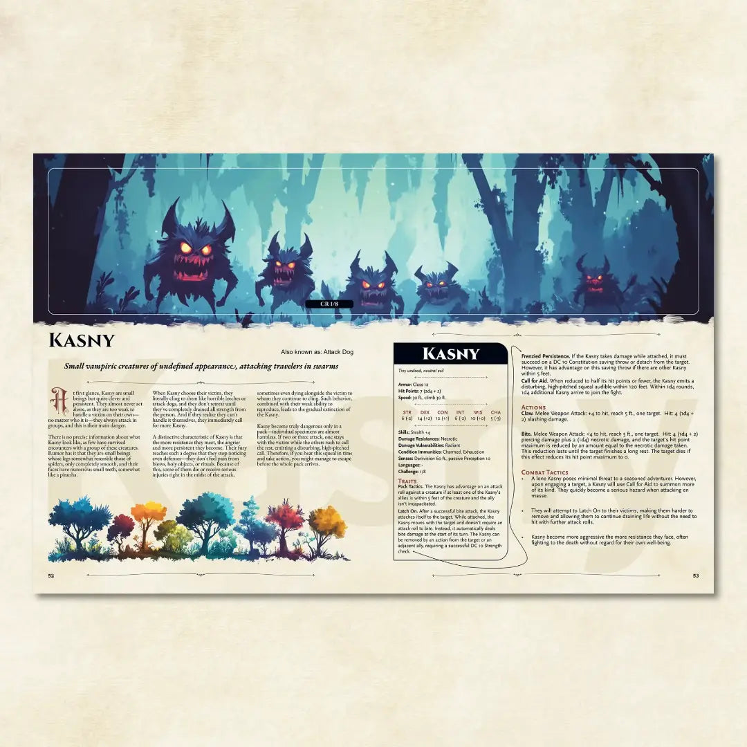Book spread featuring Kasny, a unique dnd monster from The Witchwood Bestiary dnd 5e book. The left page shares Kasny’s legend, origins, and folklore, while the right page presents a detailed dnd 5e stat block and adventure hooks. Perfect for players and collectors searching for dnd books, dnd books 5e, dnd 5e books, d&d monster lore, dnd monsters, d and d monsters, and new dungeons and dragons monsters to expand their tabletop campaigns; a4play.com