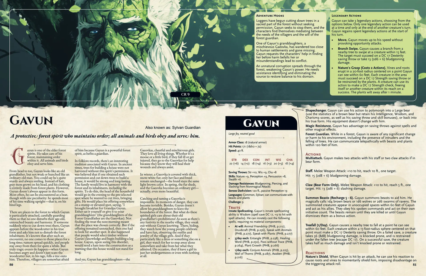 Book spread from The Witchwood Bestiary dnd book featuring the dnd monster Gavun with its legend and 5e stat block visible. Perfect for dnd 5e books, dnd books 5e, and dungeons and dragons monsters collections. This d&d monster inspired by Eastern European folklore is ideal for expanding your dnd books, providing new d and d monsters, lore, and adventure content for players and GM. a4play.com