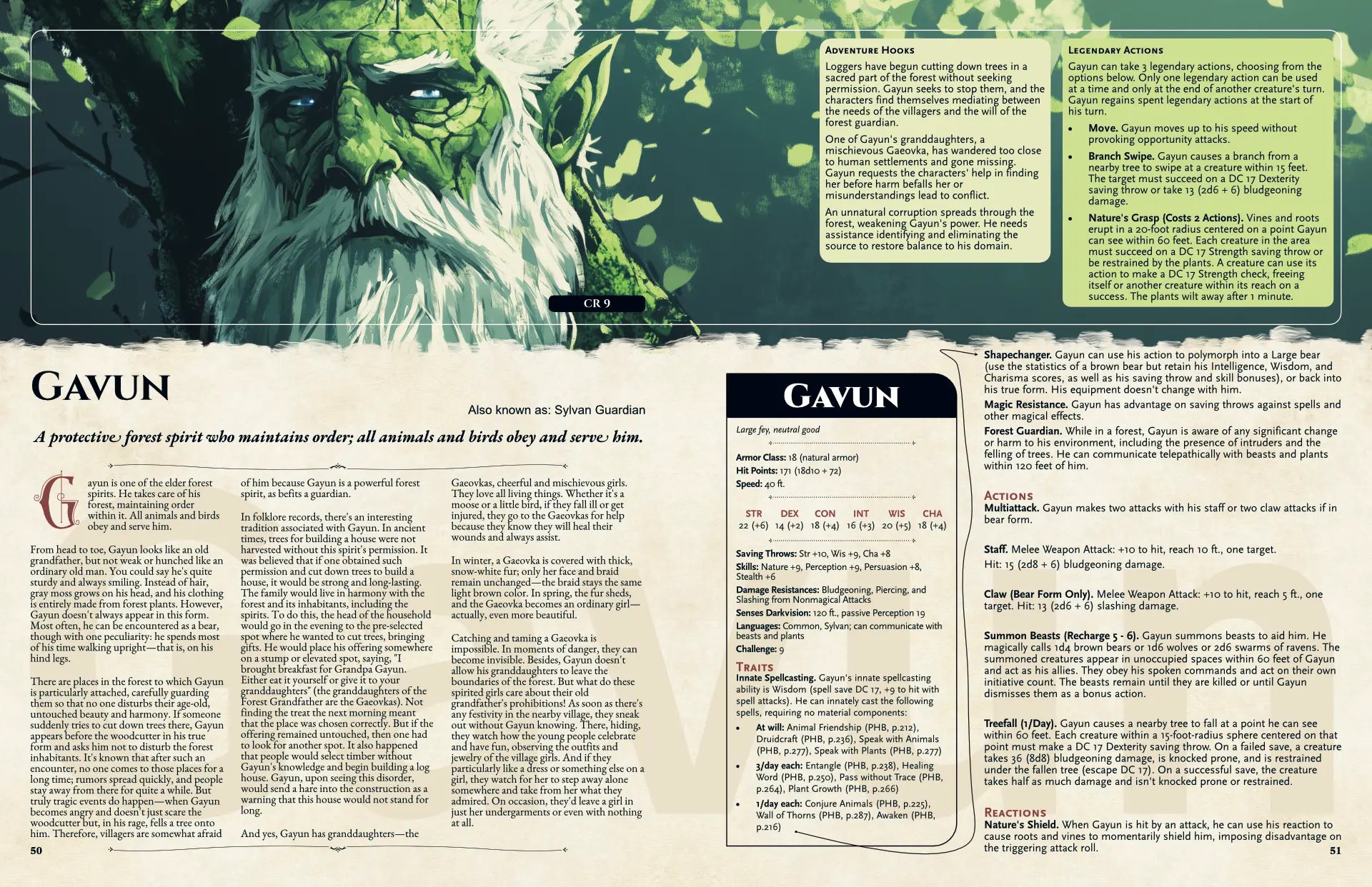 Book spread from The Witchwood Bestiary dnd book featuring the dnd monster Gavun with its legend and 5e stat block visible. Perfect for dnd 5e books, dnd books 5e, and dungeons and dragons monsters collections. This d&d monster inspired by Eastern European folklore is ideal for expanding your dnd books, providing new d and d monsters, lore, and adventure content for players and GM. a4play.com