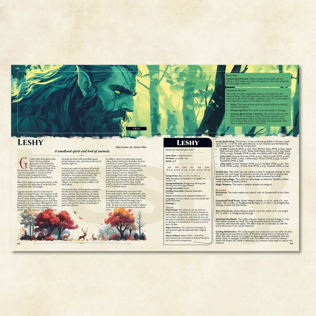 Book spread featuring Leshy, a unique dnd monster from The Witchwood Bestiary dnd 5e book. The left page shares Leshy’s legend, origins, and folklore, while the right page presents a detailed dnd 5e stat block and adventure hooks. Perfect for players and collectors searching for dnd books, dnd books 5e, dnd 5e books, d&d monster lore, dnd monsters, d and d monsters, and new dungeons and dragons monsters to expand their tabletop campaigns; a4play.com