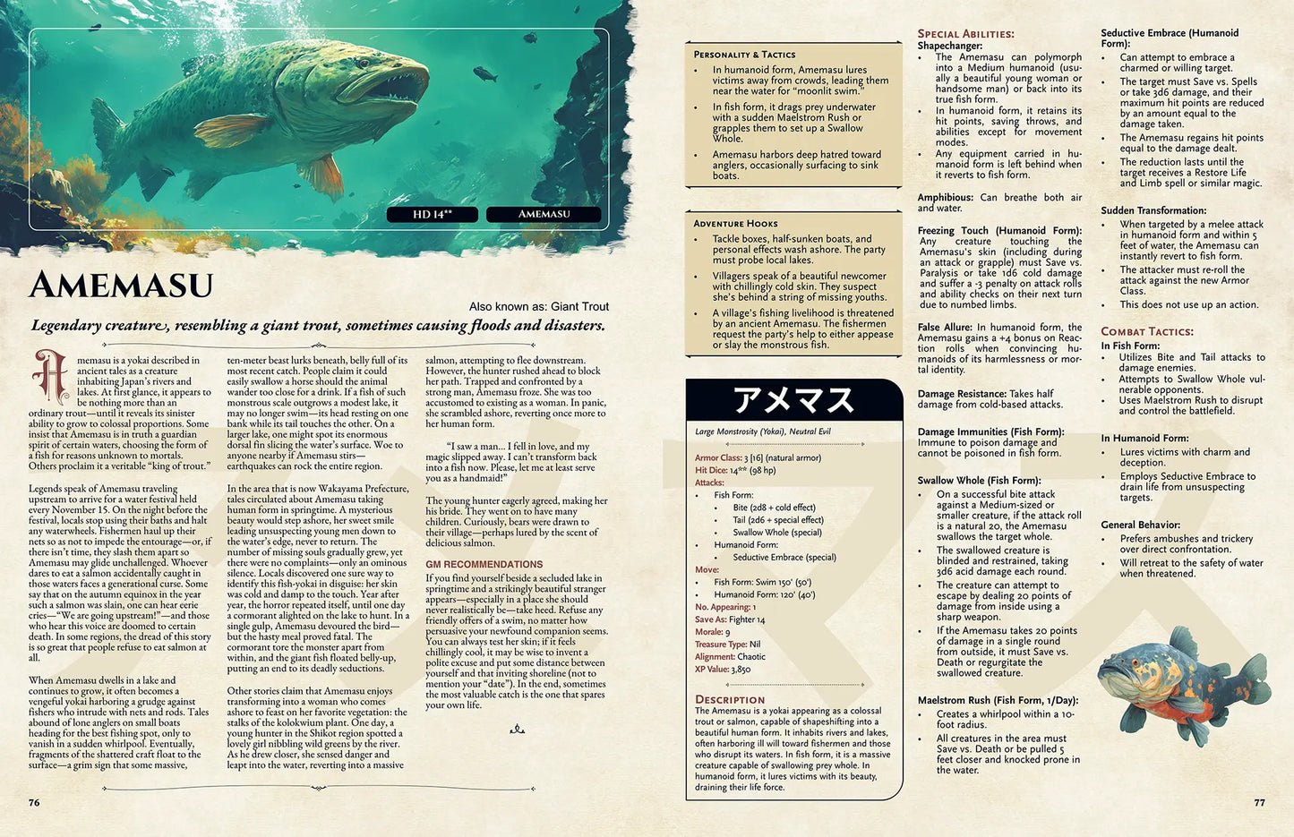 Book spread from the Yokai Bestiary dnd book featuring the dnd monster Amemasu, complete with a detailed legend and 5e stat block. This supplement for dnd 5e books offers unique dnd monsters, rich folklore, and adventure hooks, ideal for expanding your dnd books 5e collection with new d and d monsters and creative dungeons and dragons monsters for imaginative campaigns. a4play.com