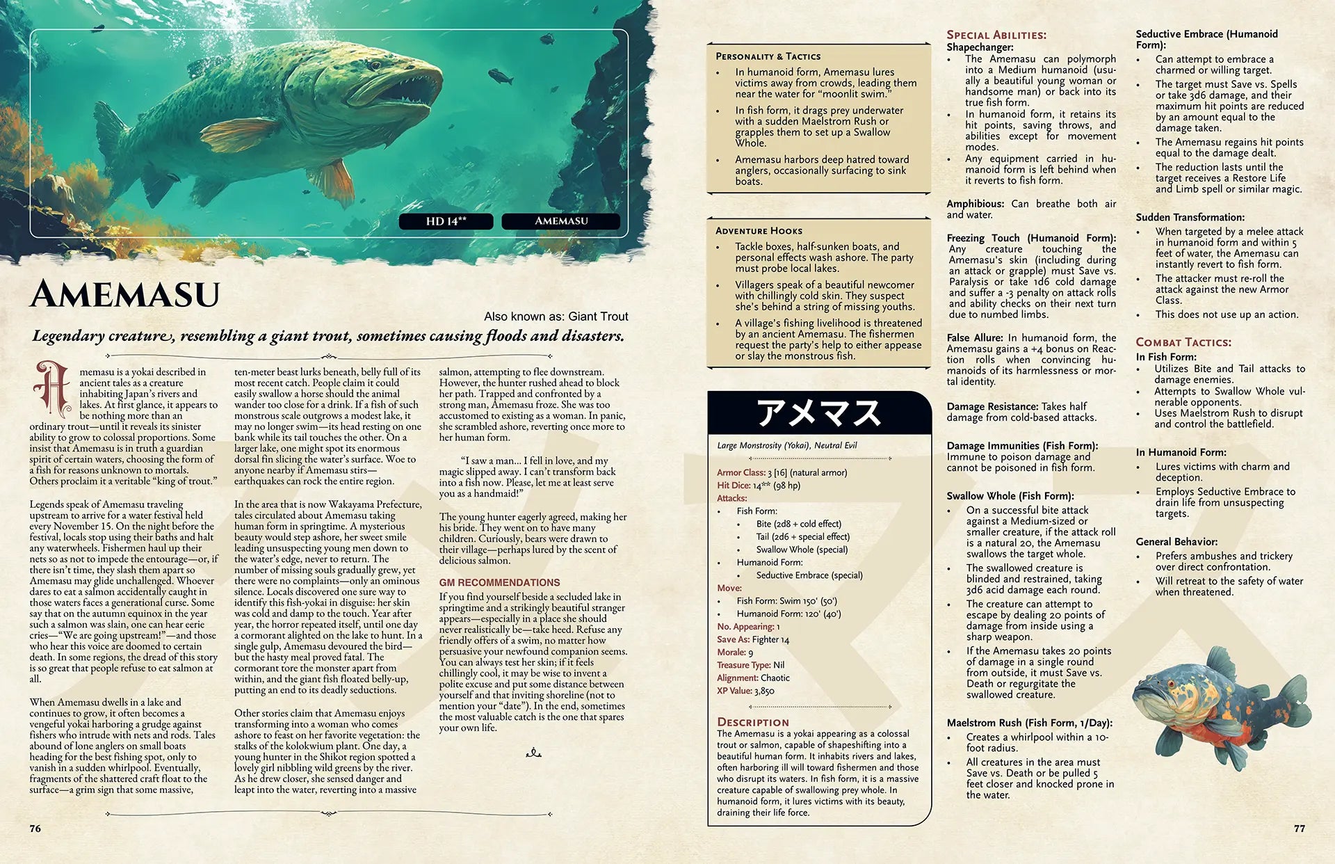 Book spread from the Yokai Bestiary dnd book featuring the dnd monster Amemasu, complete with a detailed legend and 5e stat block. This supplement for dnd 5e books offers unique dnd monsters, rich folklore, and adventure hooks, ideal for expanding your dnd books 5e collection with new d and d monsters and creative dungeons and dragons monsters for imaginative campaigns. a4play.com