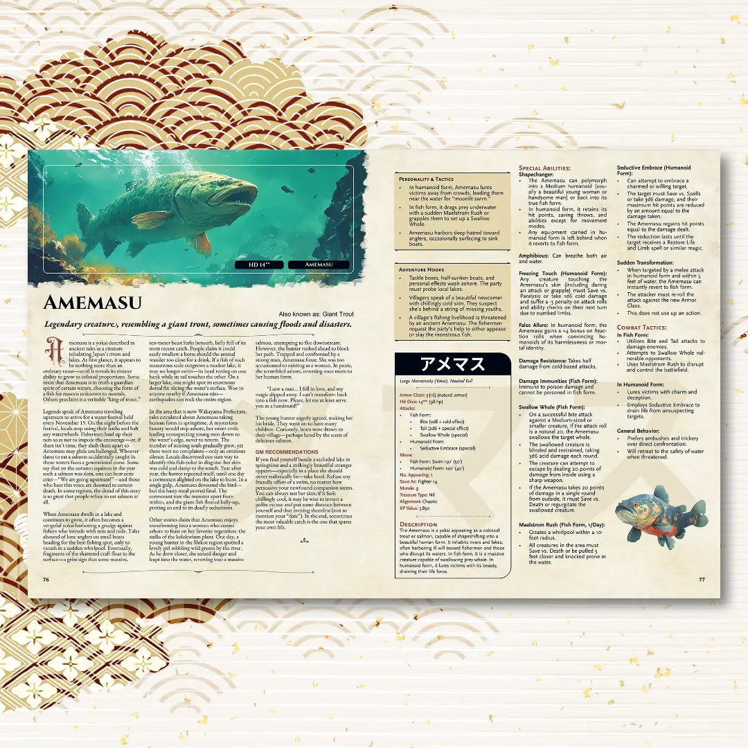 Book spread from the Yokai Bestiary dnd book featuring the dnd monster Amemasu, complete with a detailed legend and 5e stat block. This supplement for dnd 5e books offers unique dnd monsters, rich folklore, and adventure hooks, ideal for expanding your dnd books 5e collection with new d and d monsters and creative dungeons and dragons monsters for imaginative campaigns. a4play.com