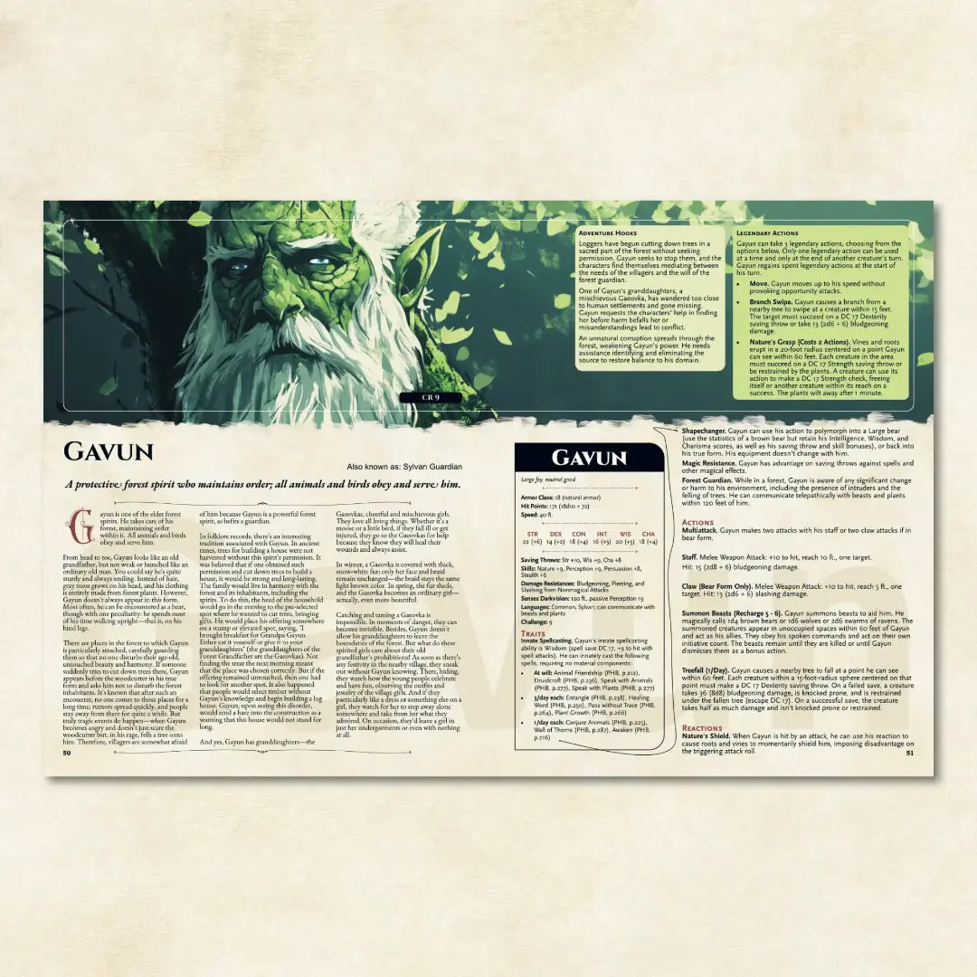 Book spread featuring Gavun, a unique dnd monster from The Witchwood Bestiary dnd 5e book. The left page shares Gavun’s legend, origins, and folklore, while the right page presents a detailed dnd 5e stat block and adventure hooks. Perfect for players and collectors searching for dnd books, dnd books 5e, dnd 5e books, d&d monster lore, dnd monsters, d and d monsters, and new dungeons and dragons monsters to expand their tabletop campaigns; a4play.com