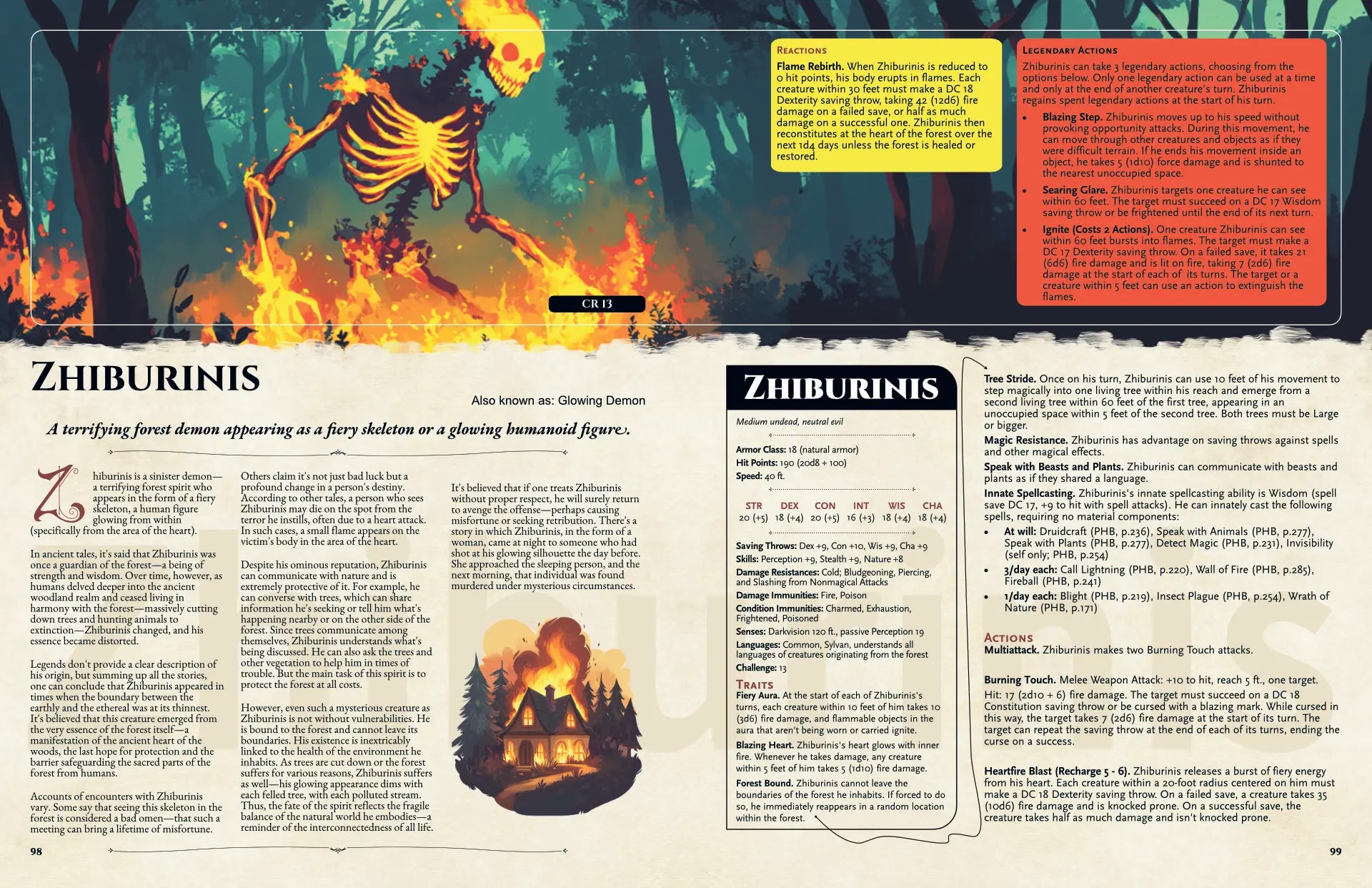 Book spread from The Witchwood Bestiary dnd book featuring Zhiburinis, a unique dnd monster inspired by Eastern European folklore. The image displays the monster’s legend and dnd 5e stat block, perfect for dnd 5e books, dnd books 5e, and dungeons and dragons monsters collections. Ideal for players and Dungeon Masters seeking new d and d monsters, adventure lore, and storytelling content for dnd campaigns. a4play.com