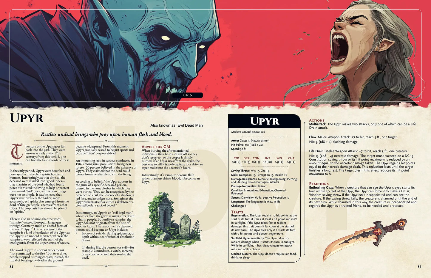 Book spread from The Witchwood Bestiary dnd book featuring the dnd monster Upyr, complete with a folklore legend and 5e stat block. This powerful addition to dnd 5e books introduces unique dnd monsters and adventure hooks inspired by Eastern European myths. Ideal for fans of dnd books, dnd books 5e, dnd 5e books, d and d monsters, and anyone adding new dungeons and dragons monsters to their fantasy campaign. a4play.com