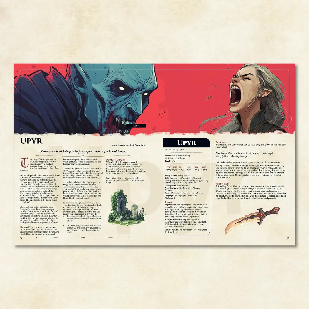 Book spread from The Witchwood Bestiary dnd book featuring the dnd monster Upyr, complete with a folklore legend and 5e stat block. This powerful addition to dnd 5e books introduces unique dnd monsters and adventure hooks inspired by Eastern European myths. Ideal for fans of dnd books, dnd books 5e, dnd 5e books, d and d monsters, and anyone adding new dungeons and dragons monsters to their fantasy campaign. a4play.com