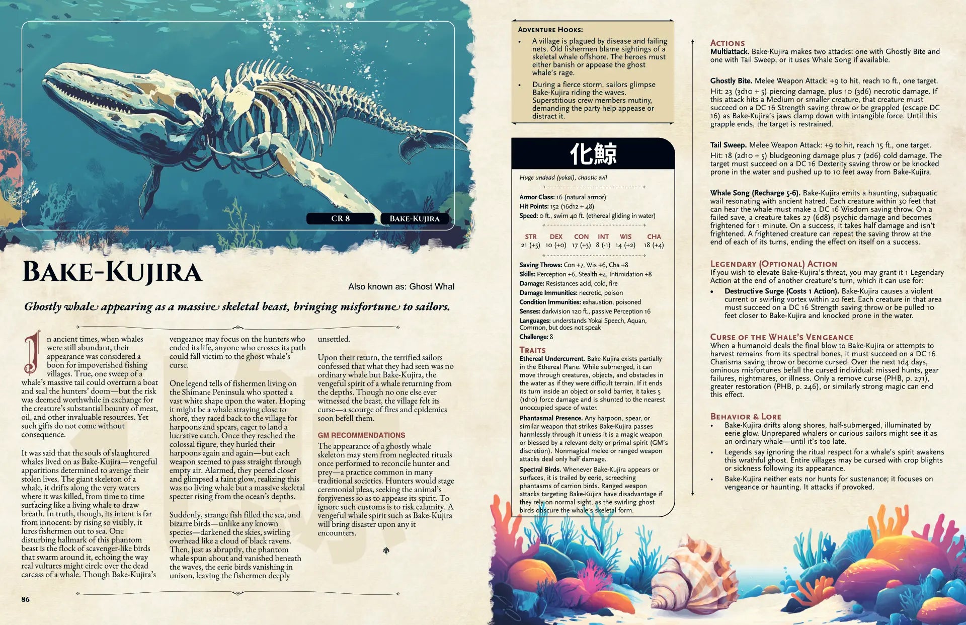 Book spread featuring Beke-kujira, a unique dnd monster from the Yokai Bestiary dnd 5e book. The left page presents the legend, origins, and lore of Beke-kujira inspired by Japanese folklore, while the right page displays a detailed dnd 5e stat block and adventure hooks. Ideal for players, game masters, and collectors looking for dnd books, dnd books 5e, dnd 5e books, d&d monster ideas, dnd monsters, d and d monsters, and new dungeons and dragons monsters to enrich their tabletop campaigns. a4play.com