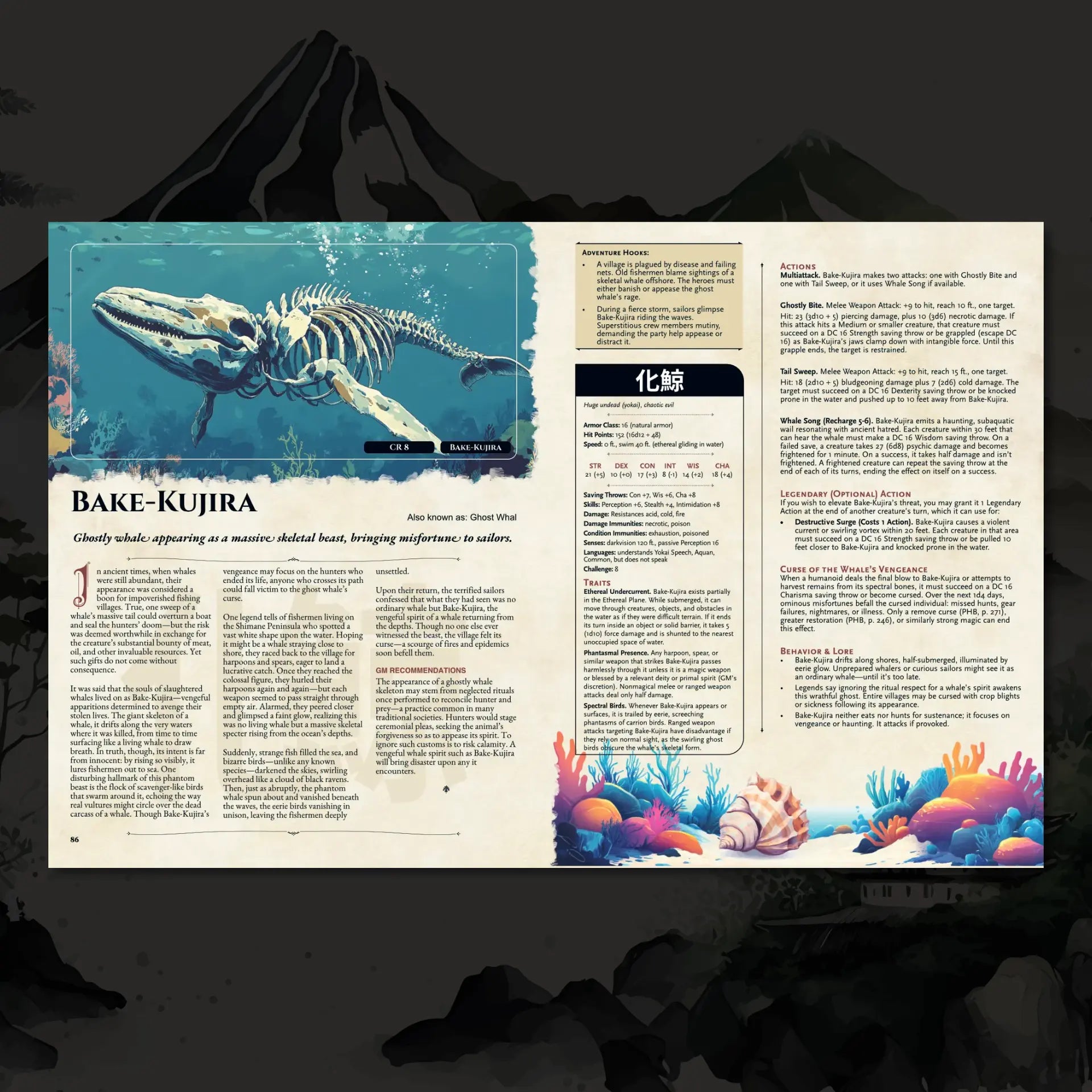 Book spread featuring Beke-kujira, a unique dnd monster from the Yokai Bestiary dnd 5e book. The left page presents the legend, origins, and lore of Beke-kujira inspired by Japanese folklore, while the right page displays a detailed dnd 5e stat block and adventure hooks. Ideal for players, game masters, and collectors looking for dnd books, dnd books 5e, dnd 5e books, d&d monster ideas, dnd monsters, d and d monsters, and new dungeons and dragons monsters to enrich their tabletop campaigns. a4play.com