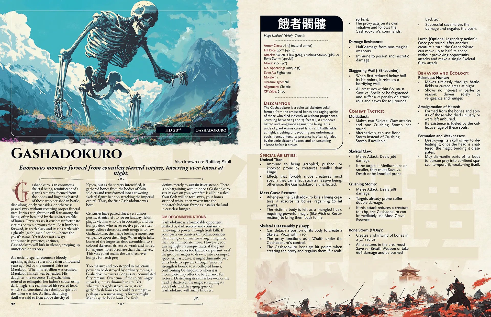 Open book spread from a DnD 5e book featuring Gashodakuro, a terrifying dnd monster inspired by Japanese folklore. The page displays the monster’s legend, lore, and story hook on the left, with a detailed dnd 5e stat block on the right, ideal for players and Game Masters looking for new dnd books 5e. This dnd monster entry is perfect for those searching for unique dnd 5e books, dnd books, and new dnd monsters to expand their d&d monster collection or enrich encounters with d and d monsters in their campaign
