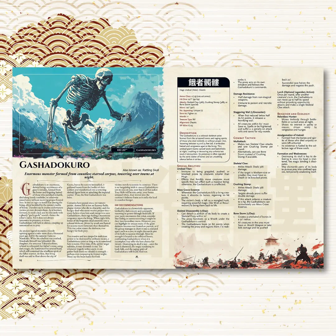 Open book spread from a DnD 5e book featuring Gashodakuro, a terrifying dnd monster inspired by Japanese folklore. The page displays the monster’s legend, lore, and story hook on the left, with a detailed dnd 5e stat block on the right, ideal for players and Game Masters looking for new dnd books 5e. This dnd monster entry is perfect for those searching for unique dnd 5e books, dnd books, and new dnd monsters to expand their d&d monster collection or enrich encounters with d and d monsters in their campaign