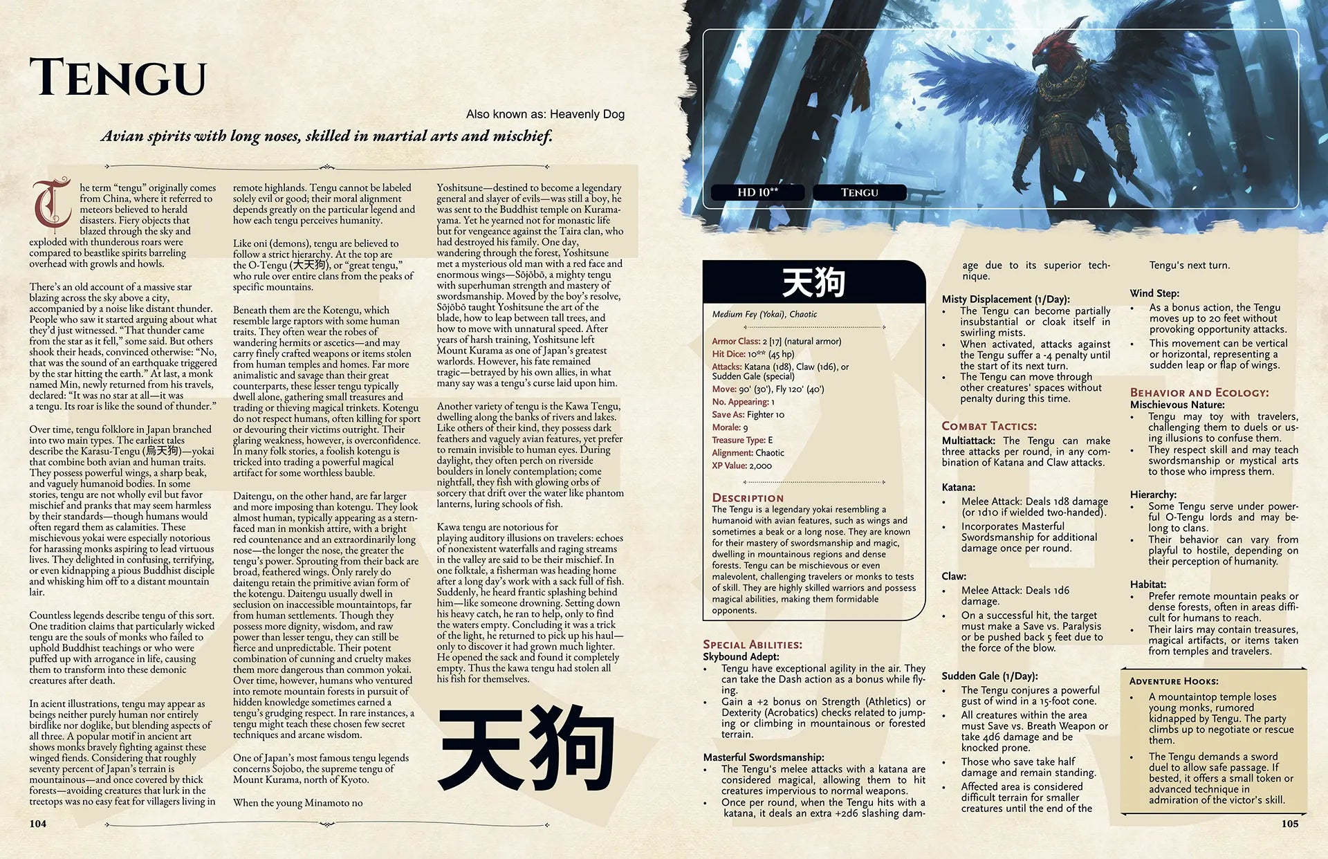 Open dnd 5e book spread featuring Tengu, a classic dnd monster inspired by Japanese folklore, with the left page showing the monster's legend, origin story, and lore, and the right page displaying a detailed dnd 5e stat block. Perfect for enthusiasts searching for dnd books, dnd books 5e, dnd 5e books, or looking to add unique dnd monsters and d and d monsters to their campaign. This OSE adaptation brings fresh d&d monster options and exciting dungeons and dragons monsters to tabletop adventures, a4play.com