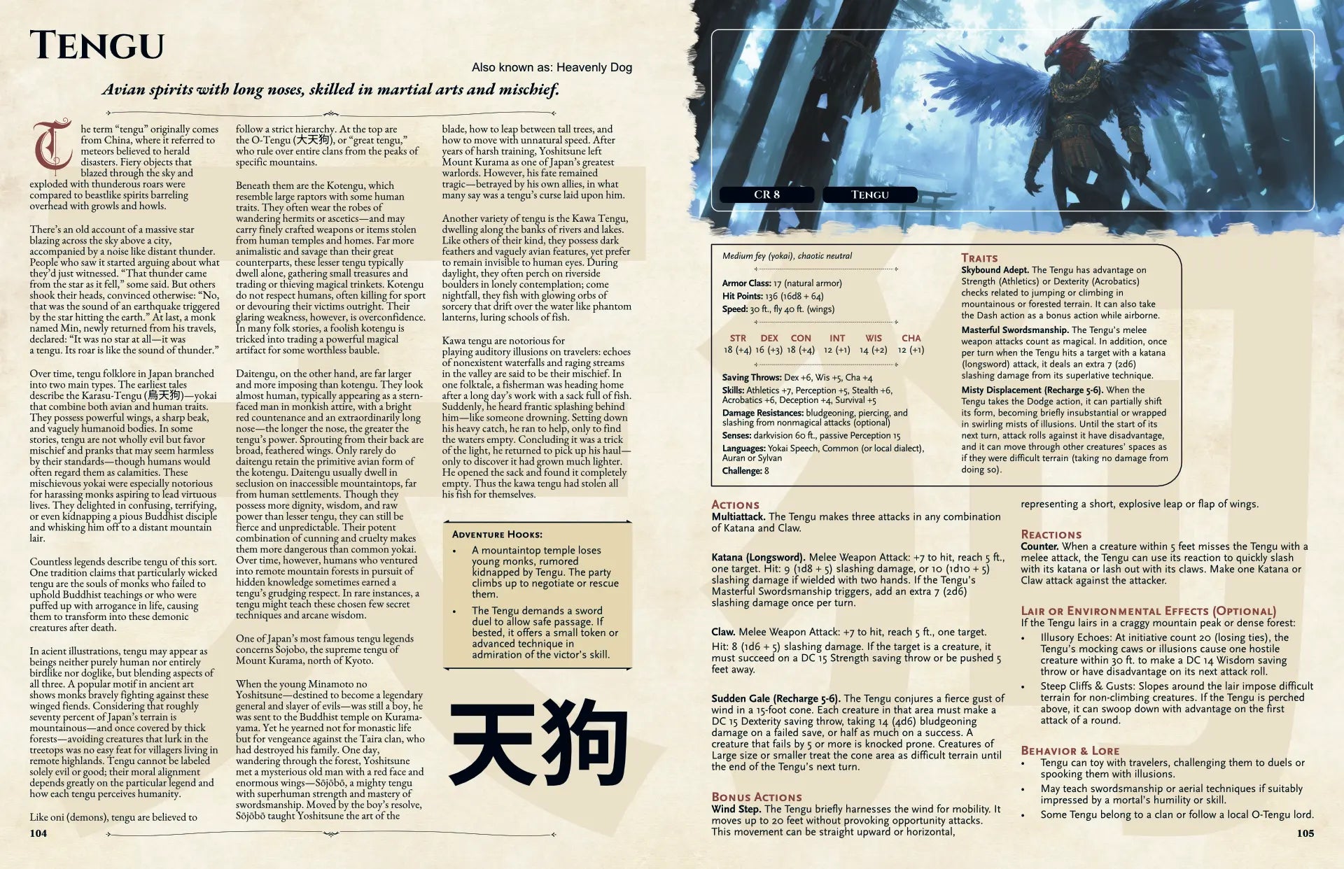 Book spread showing Tengu, a legendary dnd monster from Yokai Bestiary dnd 5e book. Left page includes Tengu’s folklore legend and origins, while the right page displays a dnd 5e stat block and adventure hooks. Ideal for players and game masters seeking dnd books, dnd books 5e, dnd 5e books, and new dnd monsters or d and d monsters to enhance their collection of dungeons and dragons monsters with unique creature lore and gameplay options. a4play.com