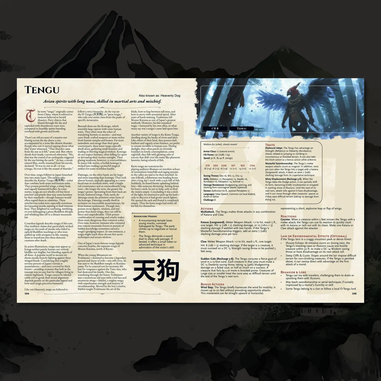 Book spread showing Tengu, a legendary dnd monster from Yokai Bestiary dnd 5e book. Left page includes Tengu’s folklore legend and origins, while the right page displays a dnd 5e stat block and adventure hooks. Ideal for players and game masters seeking dnd books, dnd books 5e, dnd 5e books, and new dnd monsters or d and d monsters to enhance their collection of dungeons and dragons monsters with unique creature lore and gameplay options. a4play.com