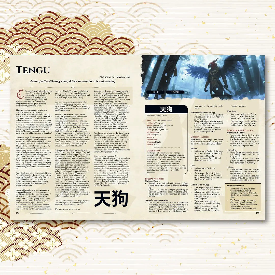 Open dnd 5e book spread featuring Tengu, a classic dnd monster inspired by Japanese folklore, with the left page showing the monster's legend, origin story, and lore, and the right page displaying a detailed dnd 5e stat block. Perfect for enthusiasts searching for dnd books, dnd books 5e, dnd 5e books, or looking to add unique dnd monsters and d and d monsters to their campaign. This OSE adaptation brings fresh d&d monster options and exciting dungeons and dragons monsters to tabletop adventures, a4play.com