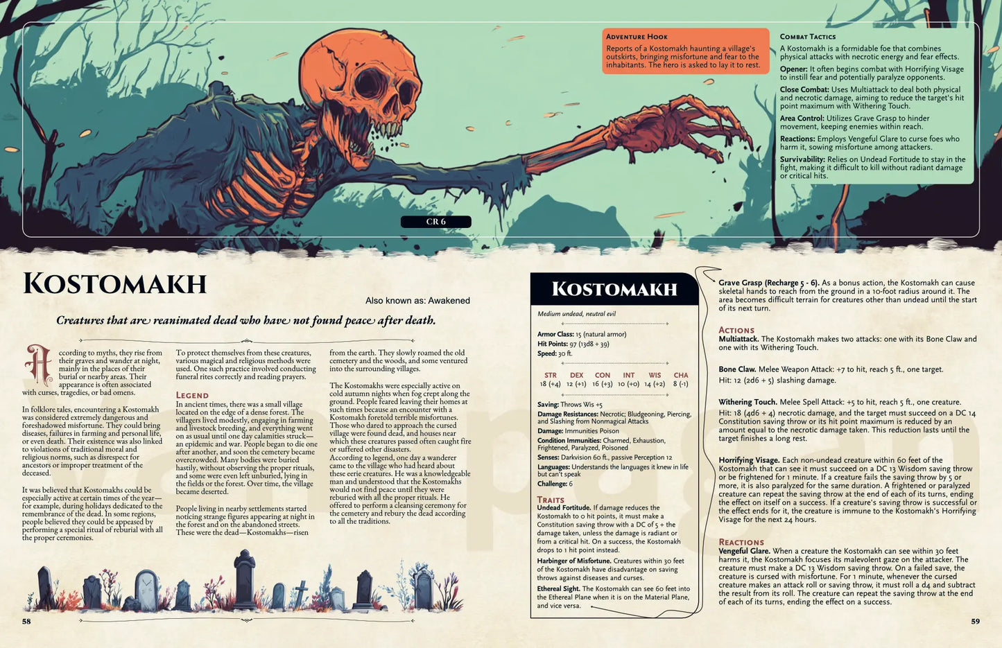 Book spread from The Witchwood Bestiary dnd book showcasing the dnd monster leshy with legend and 5e stat block visible. Perfect for dnd 5e books, dnd books 5e, and dungeons and dragons monsters collections. This d&d monster, inspired by Eastern European folklore, is ideal for enriching your dnd books collection with new d and d monsters, lore, and adventure content for GM and players. a4play.com