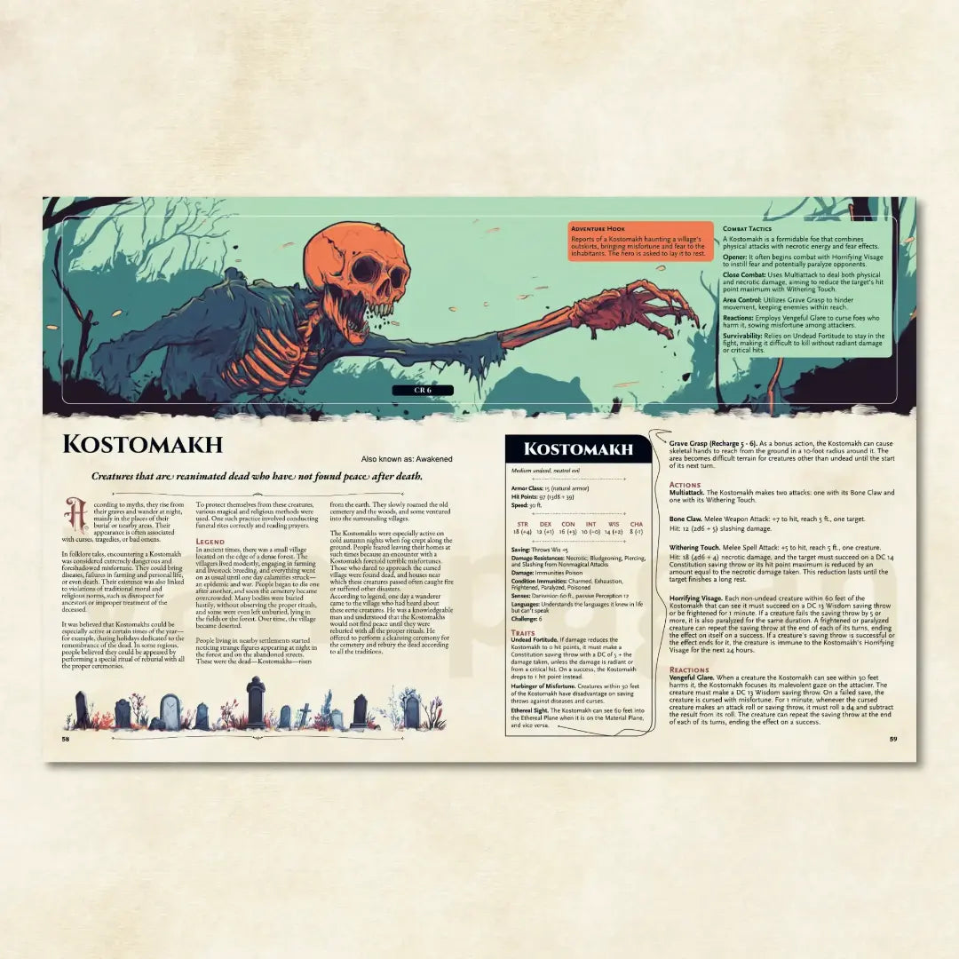 Book spread featuring leshy, a unique dnd monster from The Witchwood Bestiary dnd 5e book.12 The left page shares leshy’s legend, origins, and folklore, while the right page presents a detailed dnd 5e stat block and adventure hooks. Perfect for players and collectors searching for dnd books, dnd books 5e, dnd 5e books, d&d monster lore, dnd monsters, d and d monsters, and new dungeons and dragons monsters to expand their tabletop campaigns; a4play.com