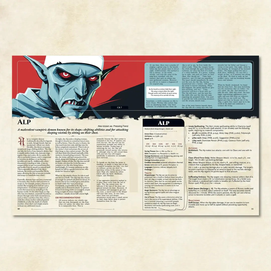 Book spread featuring Alp, a unique dnd monster from The Witchwood Bestiary dnd 5e book. The left page shares Alp’s legend, origins, and folklore, while the right page presents a detailed dnd 5e stat block and adventure hooks. Perfect for players and collectors searching for dnd books, dnd books 5e, dnd 5e books, d&d monster lore, dnd monsters, d and d monsters, and new dungeons and dragons monsters to expand their tabletop campaigns; a4play.com