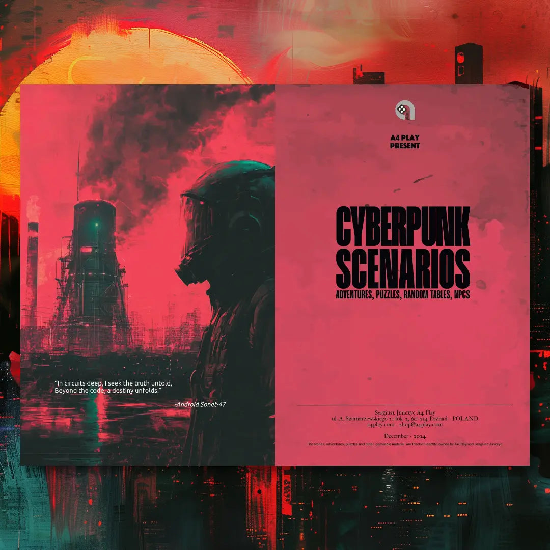 Cyberpunk Scenarios [1st Book], an anthology of ready-to-run mission scenarios, cyber puzzles, and random events for cyberpunk and ttrpg tabletop roleplaying games.