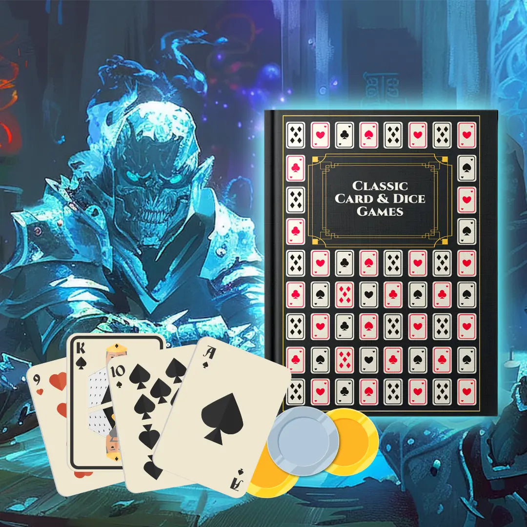 Cover art for Classic Card & Dice Games, an illustrated guide featuring over 100 card and dice games with clear rules, perfect for tavern scenes and downtime diversions in dnd 5e and dnd5e RPG campaigns.