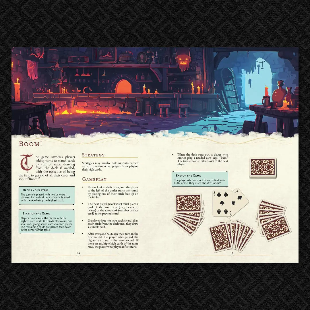 Book spread from "100 Games for your 5E Adventures, RPGs, and TTRPGs" on a4play.com, featuring detailed illustrated rules and gameplay for the classic card game Faro. Perfect for dnd books 5e fans, tabletop gamers, and anyone seeking new content for their dnd books, dnd 5e books, and dnd monsters collections. Includes game setup, playthrough examples a4play..com