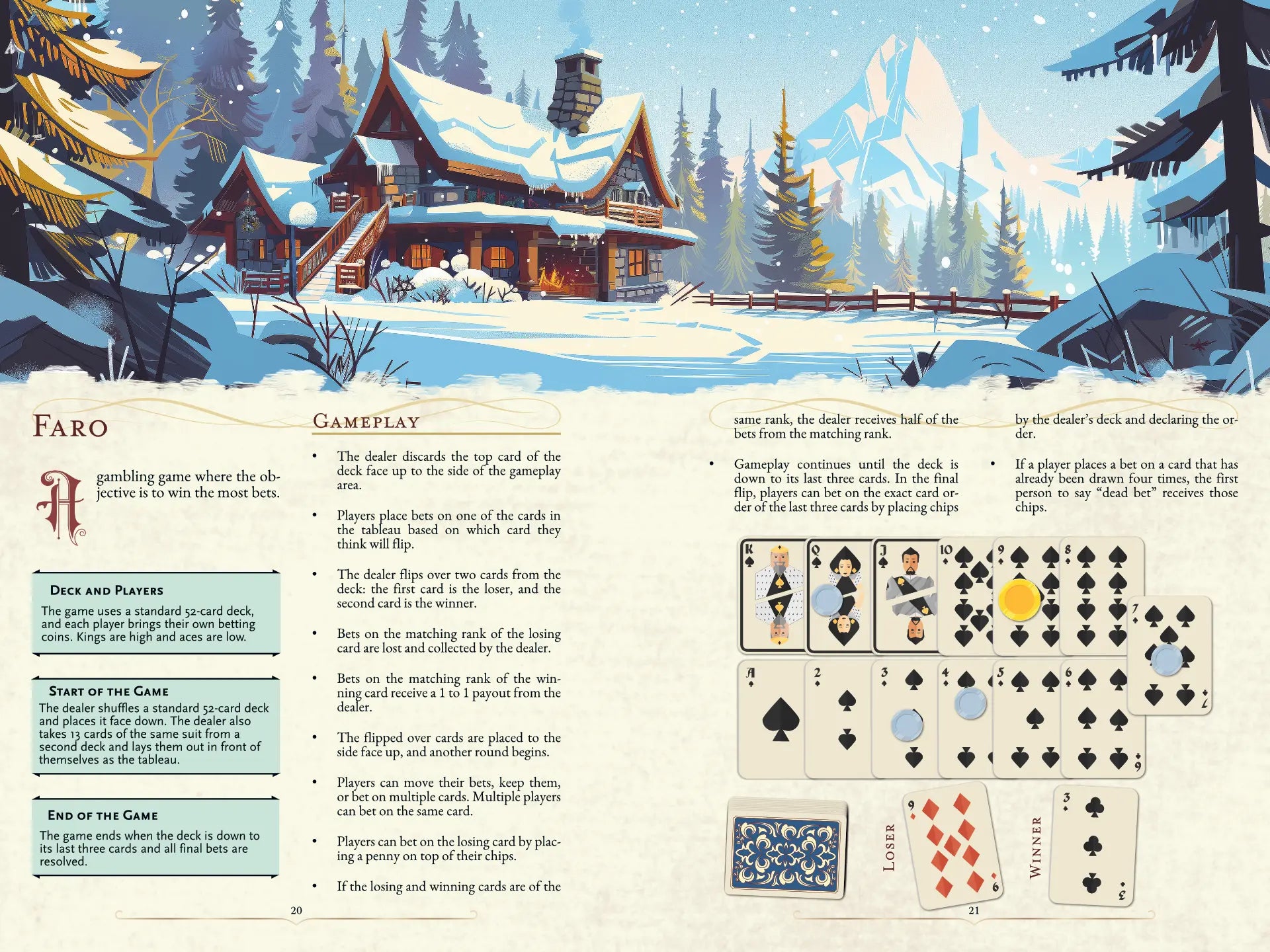 Book spread from "100 Games for your 5E Adventures, RPGs, and TTRPGs" on a4play.com, featuring detailed illustrated rules and gameplay for the classic card game Faro. Perfect for dnd books 5e fans, tabletop gamers, and anyone seeking new content for their dnd books, dnd 5e books, and dnd monsters collections. Includes game setup, playthrough examples