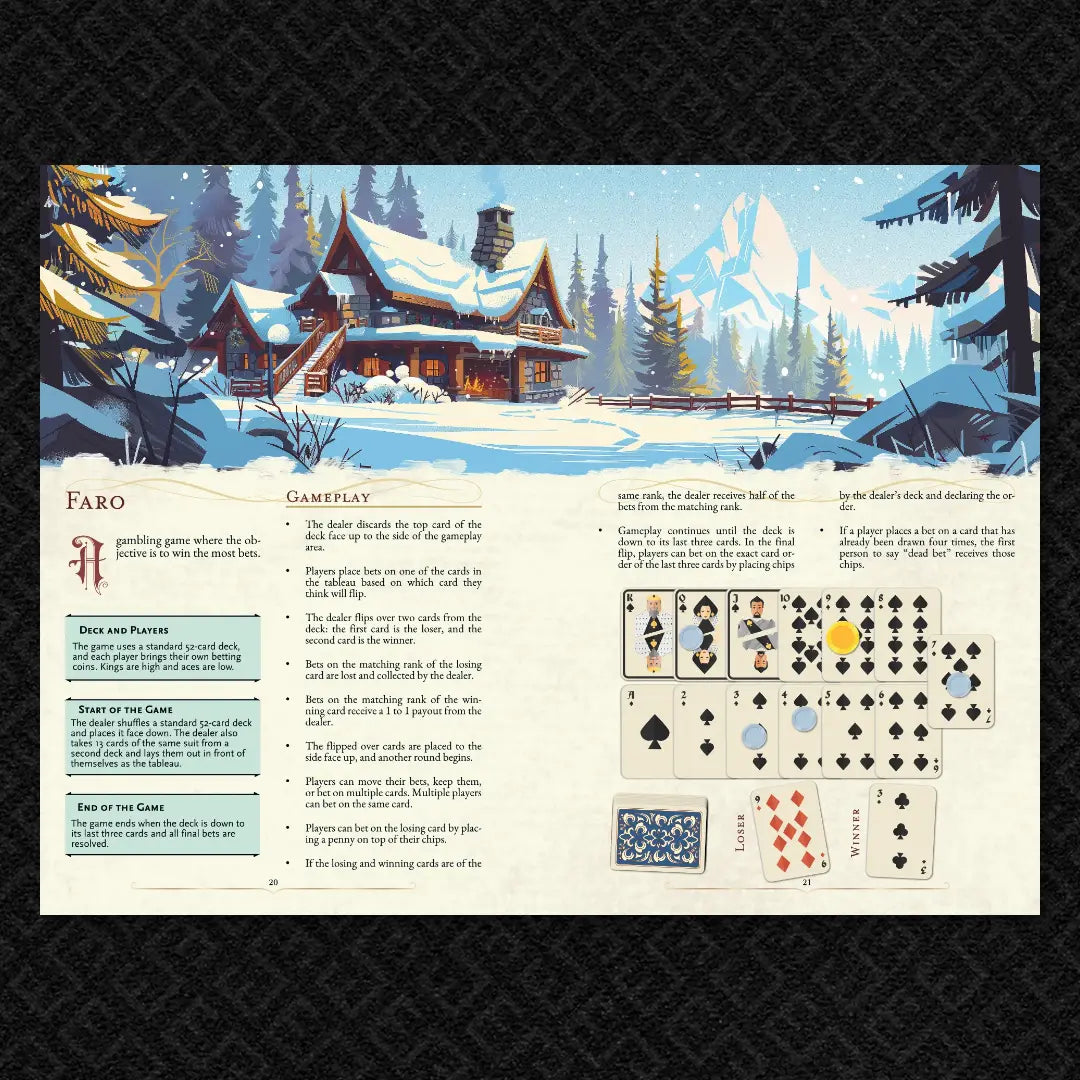 Book spread from "100 Games for your 5E Adventures, RPGs, and TTRPGs" on a4play.com, featuring detailed illustrated rules and gameplay for the classic card game Faro. Perfect for dnd books 5e fans, tabletop gamers, and anyone seeking new content for their dnd books, dnd 5e books, and dnd monsters collections. Includes game setup, playthrough examples a4play..com