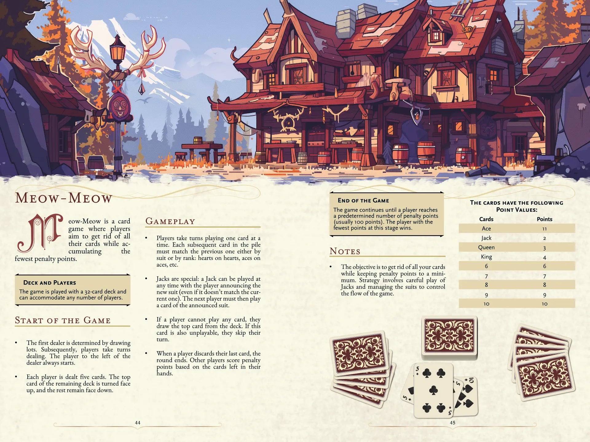 Book spread from "100 Games for your 5E Adventures" on A4Play.com, showing colorful illustrated rules for the card game Meow Meow and an example deck of cards. Features step-by-step instructions, gameplay setup, and engaging artwork for use in 5E, RPG, and TTRPG campaigns. Perfect for tabletop players looking for unique and easy-to-learn card mini games to enhance their adventures. Illustrated game guide for roleplaying sessions and creative campaign ideas.