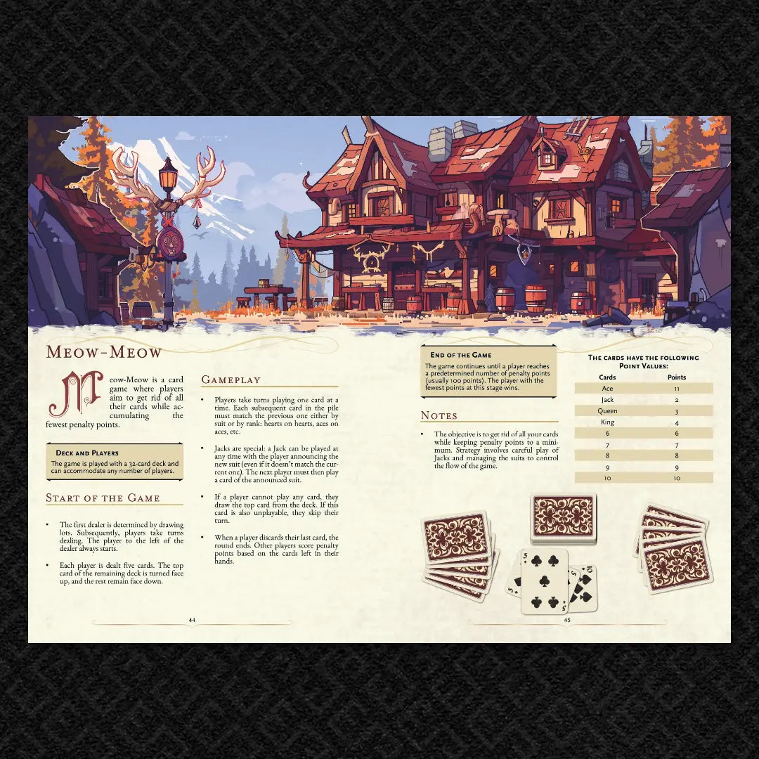 Book spread from "100 Games for your 5E Adventures, RPGs, and TTRPGs" on a4play.com, featuring detailed illustrated rules and gameplay for the classic card game Faro. Perfect for dnd books 5e fans, tabletop gamers, and anyone seeking new content for their dnd books, dnd 5e books, and dnd monsters collections. Includes game setup, playthrough examples a4play..com