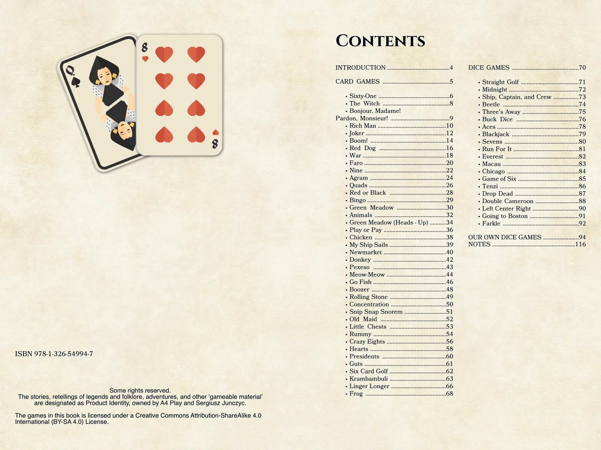 Table of Contents for the Classic Card & Dice Games book, listing sections for Card Games, Dice Games, and rules, providing clear downtime activities for dnd 5e and dnd5e TTRPG sessions.