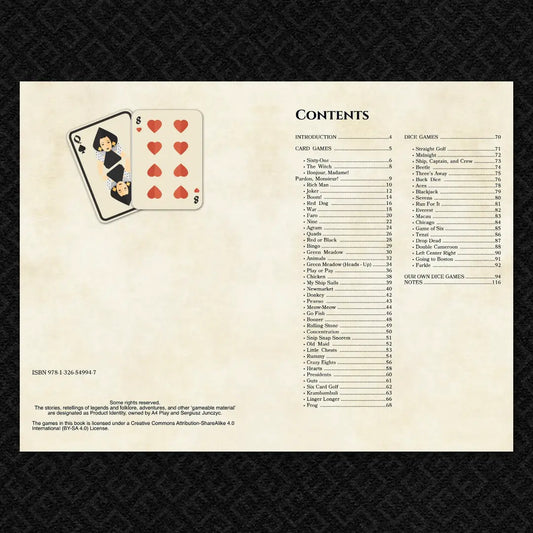 Table of Contents for the Classic Card & Dice Games book, listing sections for Card Games, Dice Games, and rules, providing clear downtime activities for dnd 5e and dnd5e TTRPG sessions. a4play.com