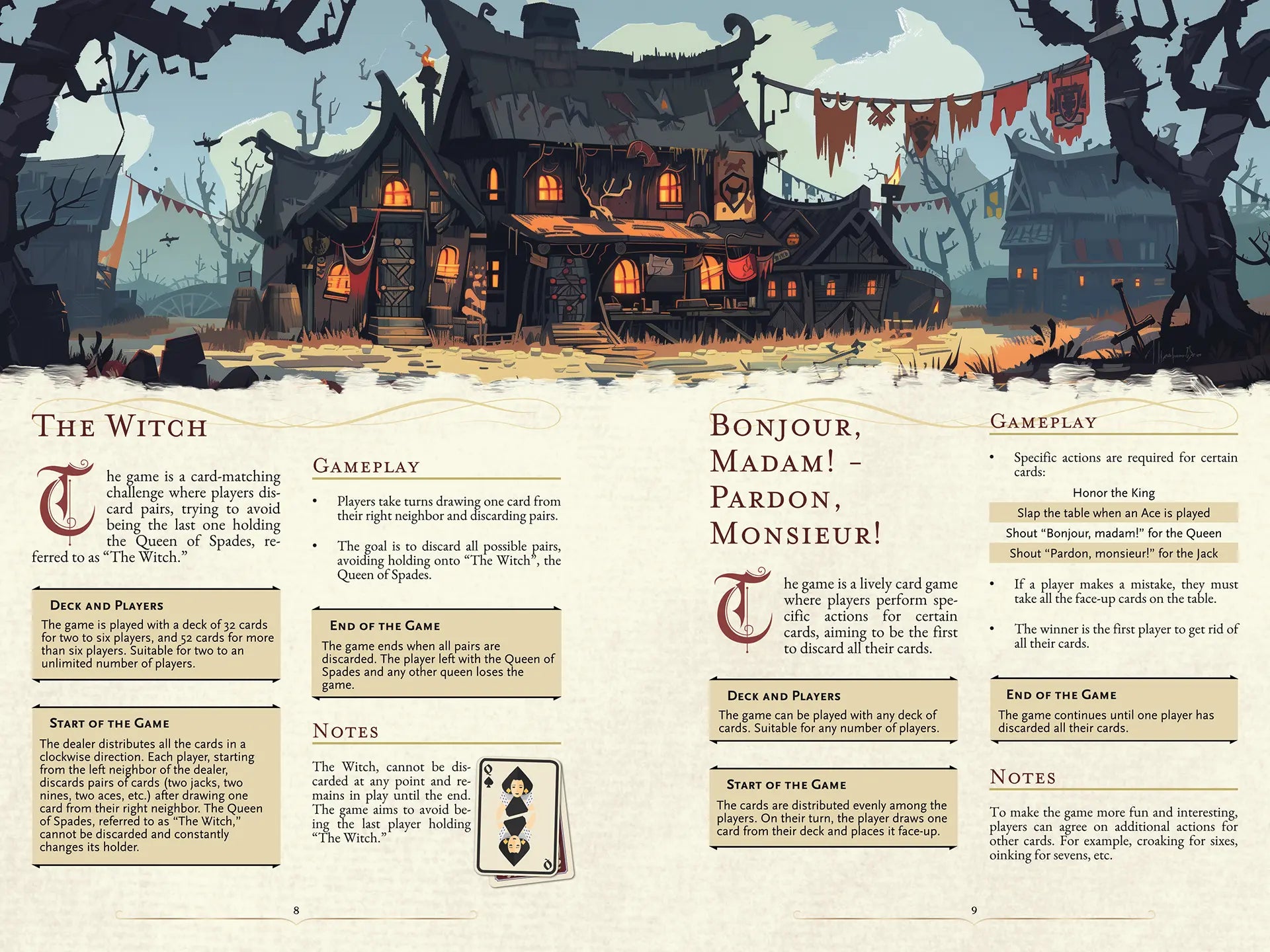 Book spread from ‘100 Games for your 5E Adventures’ on A4Play.com, featuring a detailed illustrated plant block with quick reference information, properties, and 5E-compatible statistics. This illustrated card and dice games book for 5E RPG and TTRPG campaigns includes game descriptions, rules, stats, and example gameplay to enhance tabletop adventures. Perfect for DnD 5E and role-playing game fans.
