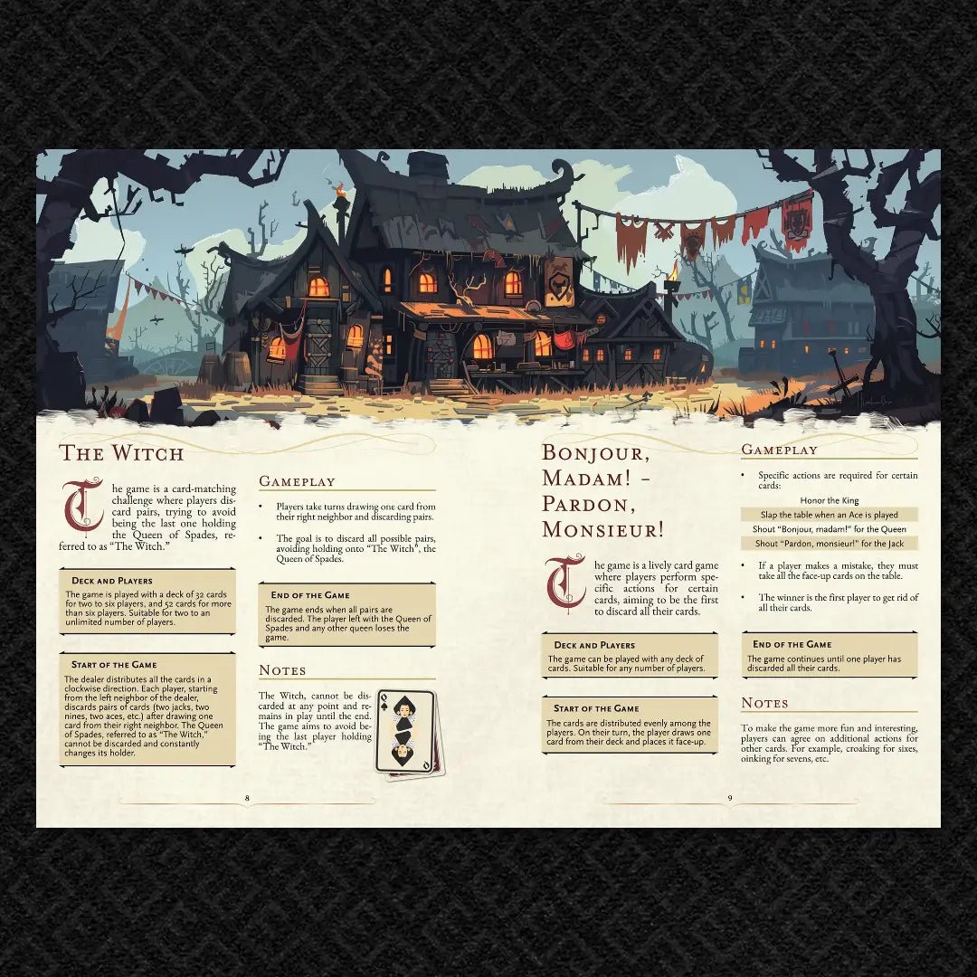 Book spread from "100 Games for your 5E Adventures, RPGs, and TTRPGs" on a4play.com, featuring detailed illustrated rules and gameplay for the classic card game Faro. Perfect for dnd books 5e fans, tabletop gamers, and anyone seeking new content for their dnd books, dnd 5e books, and dnd monsters collections. Includes game setup, playthrough examples a4play..com