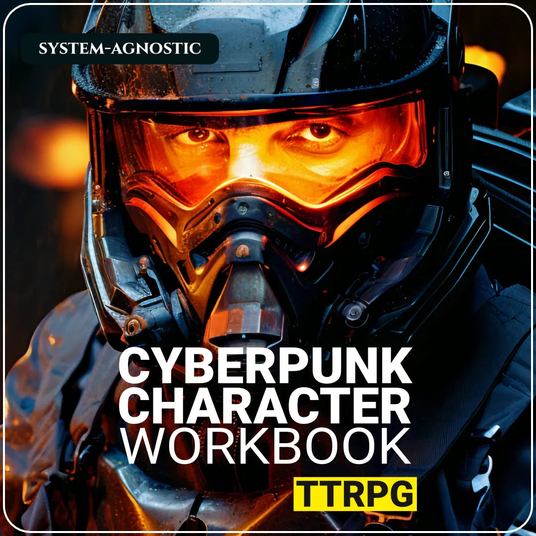 Cover art for the Cyberpunk Character Workbook, a guide to organizing and developing cyberpunk ttrpg characters, featuring examples for weapons, implants, stats, and custom game mechanics.