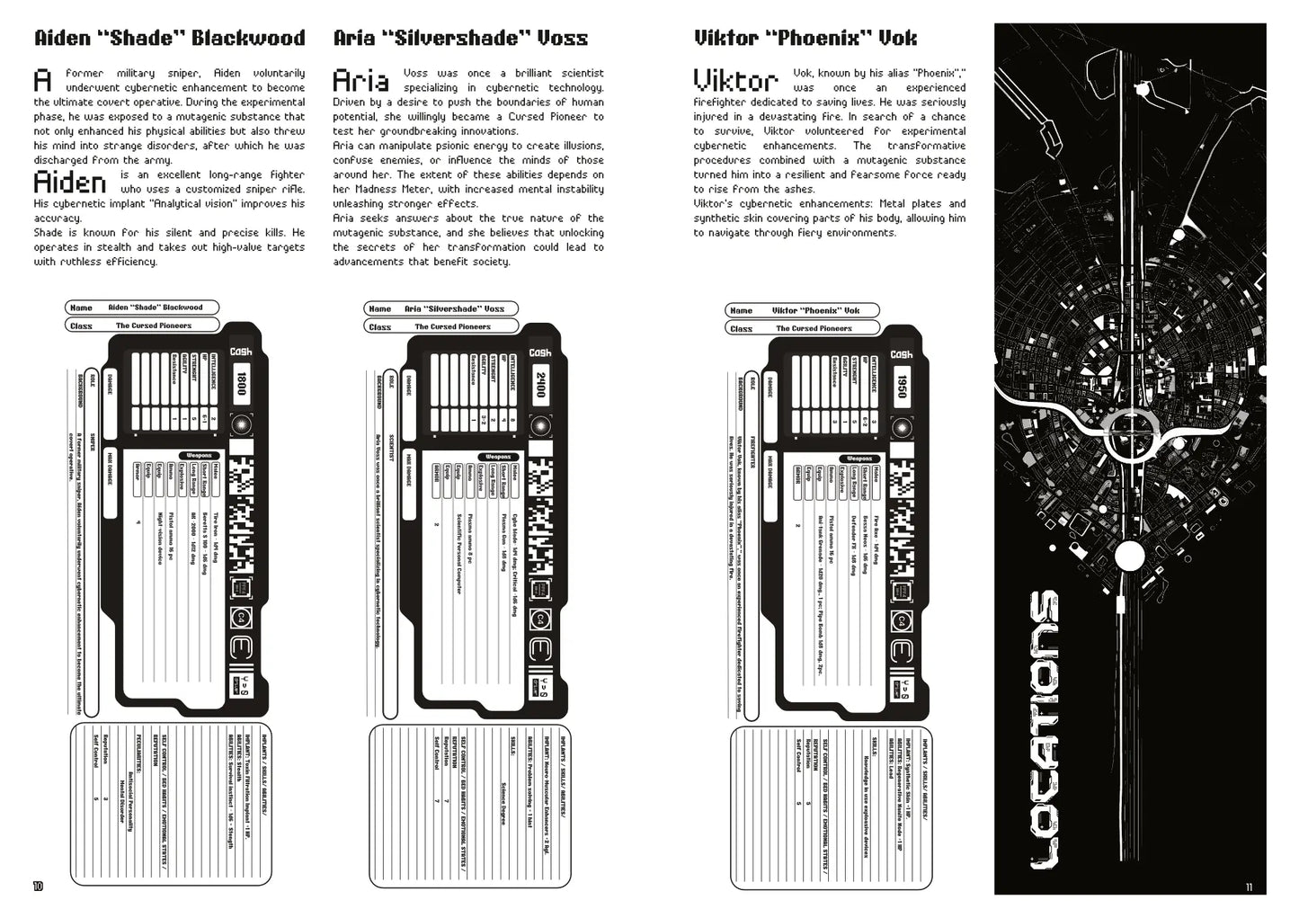 Sample page from the Cyberpunk Character Workbook, showing sections for detailed character stats, implants, and weapon damage calculation tables for cyberpunk ttrpg game design.