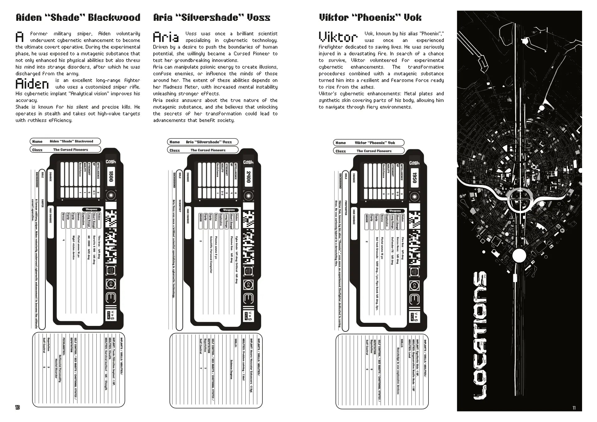 Sample page from the Cyberpunk Character Workbook, showing sections for detailed character stats, implants, and weapon damage calculation tables for cyberpunk ttrpg game design.